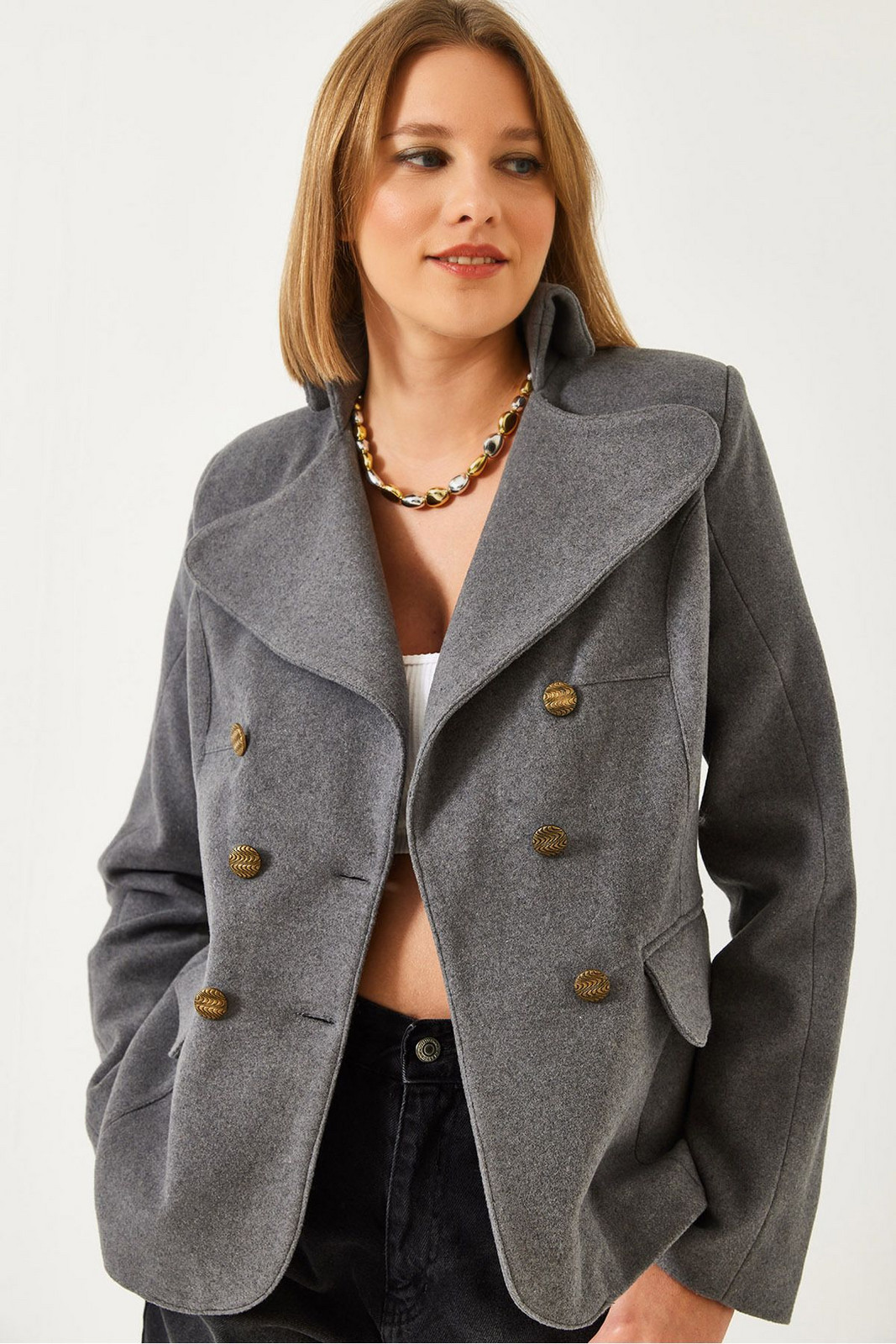Bianco Lucci Women's Buttoned Lined Cashmere Jacket MBMS054