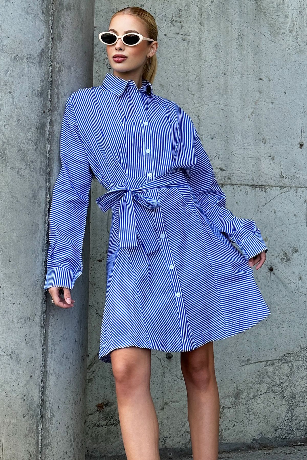Trend Alaçatı Stili Women's Navy Blue Shirt Collar Striped Waist Belted Woven Dress