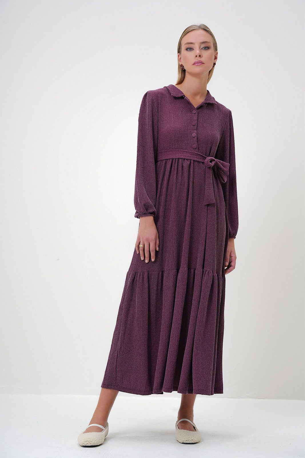Trend Alaçatı Stili Women's Burgundy Shirt Collar Button-Down Skirt Flounce Belted Long Dress