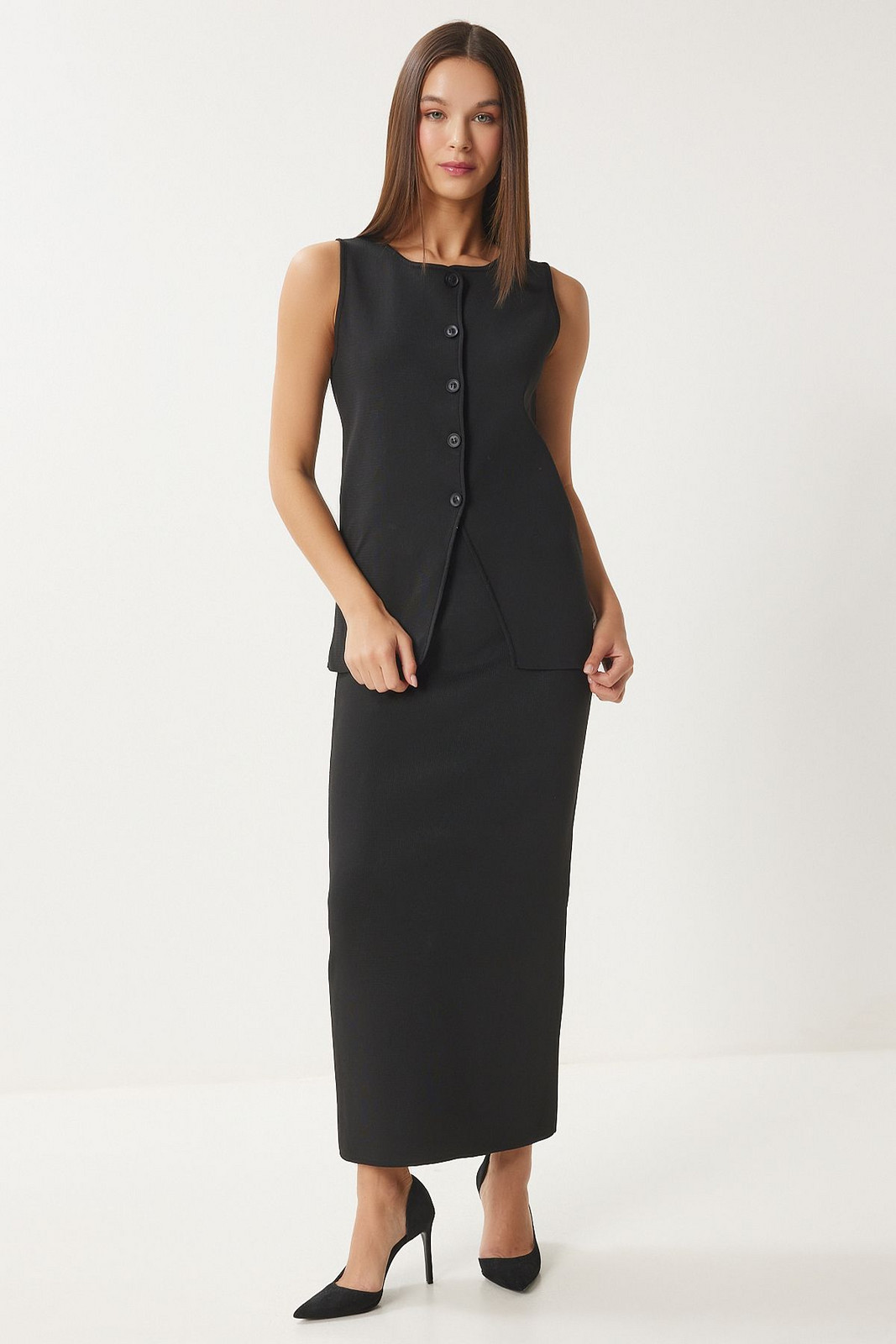 Happiness İstanbul Women's Black Knitted Vest Skirt Set