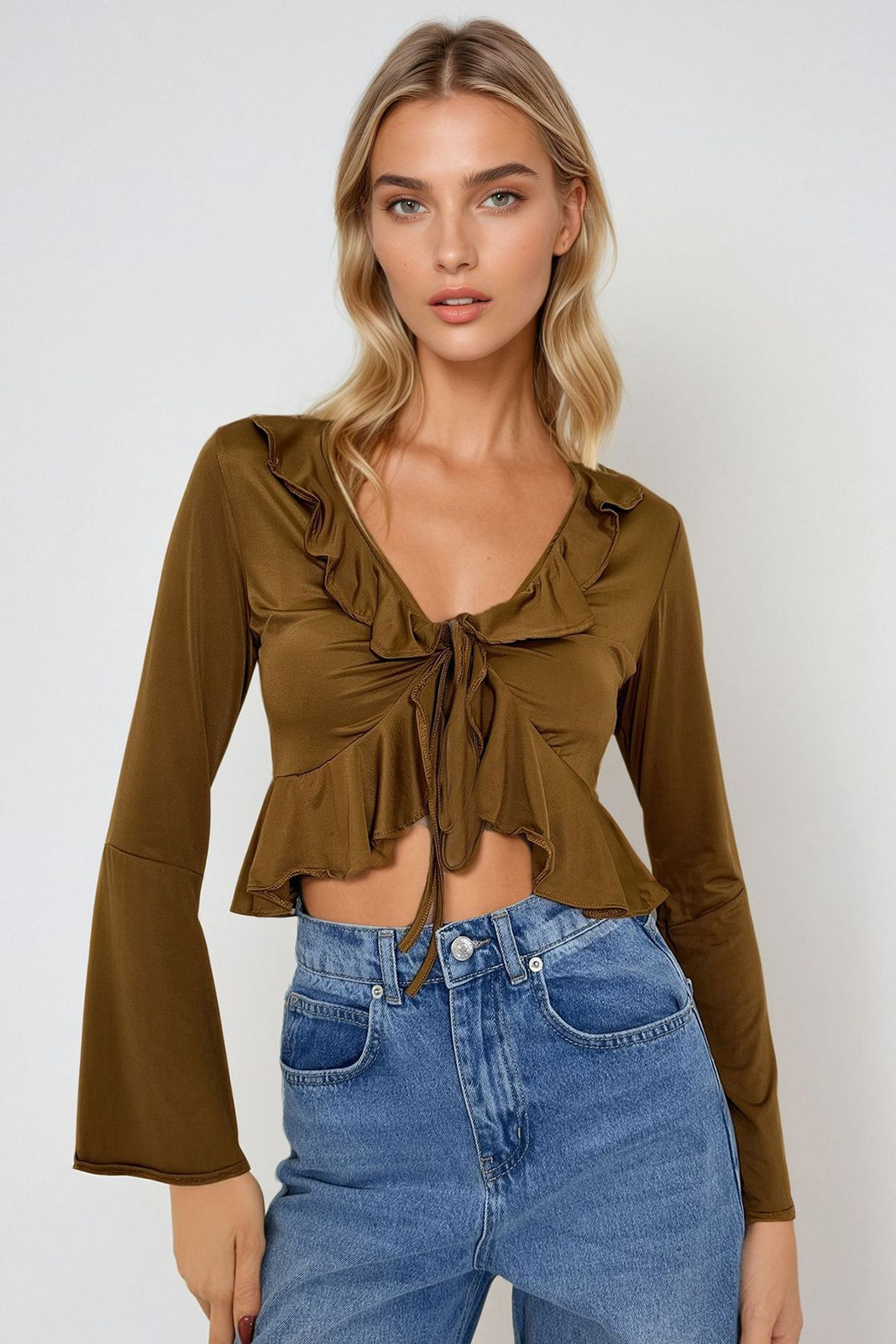 Trend Alaçatı Stili Women's Brown Front Tie Spanish Sleeve Ruffle Detailed Knitted Blouse