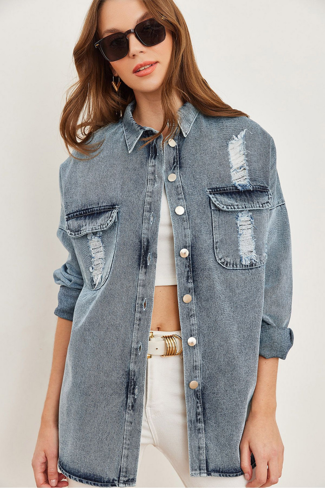 Olalook Women's Dark Blue Laser Cut Pocket Back Applique Detailed Denim Shirt Jacket