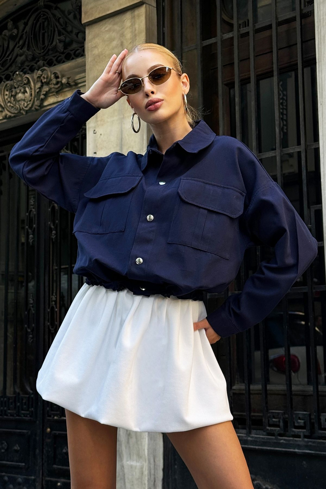 Trend Alaçatı Stili Women's Navy Blue Snap Closure Waist Adjustable Double Pocket Gabardine Jacket