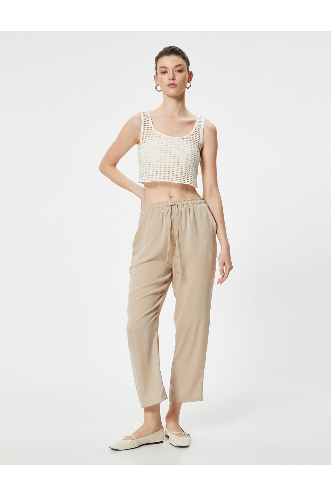 Koton Crop Leg Trousers Tie Waist Pocket
