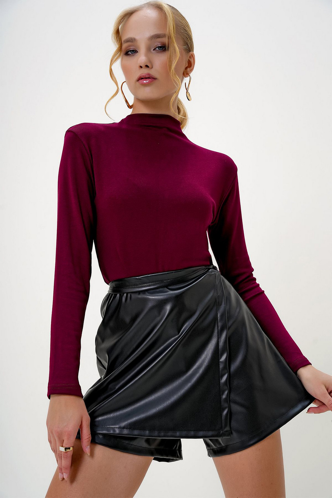Trend Alaçatı Stili Women's Burgundy Half Turtleneck Two Thread Blouse