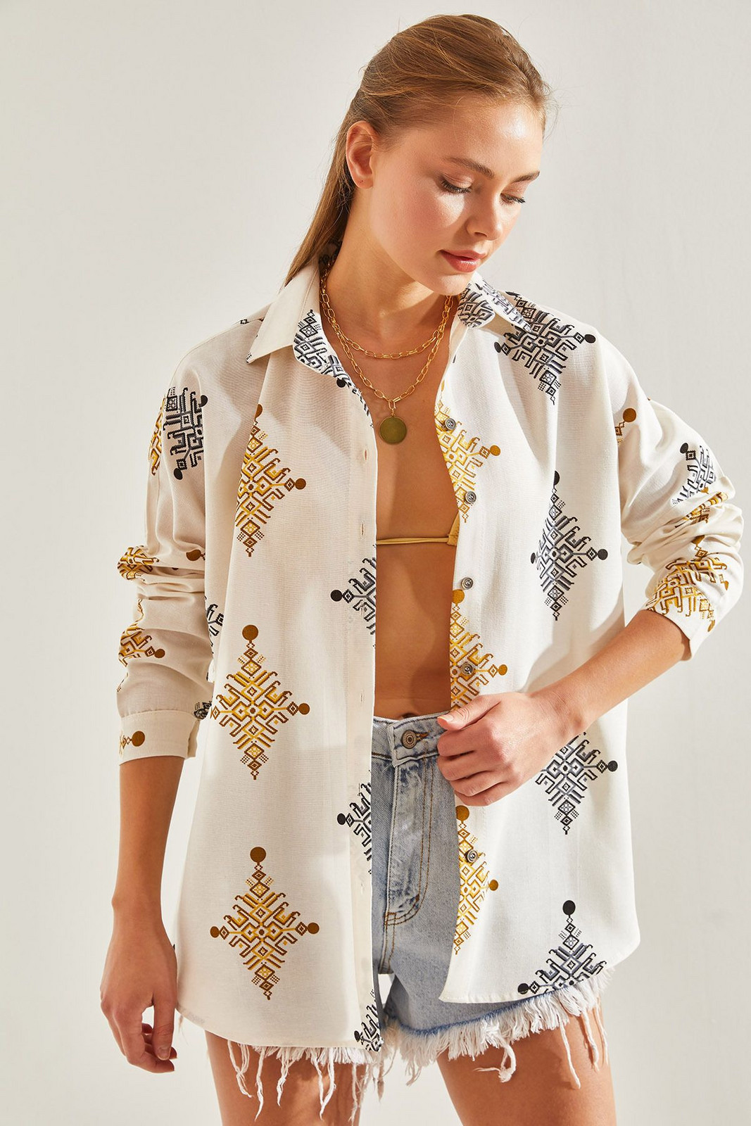 Bianco Lucci Women's Multi Patterned Linen Shirt