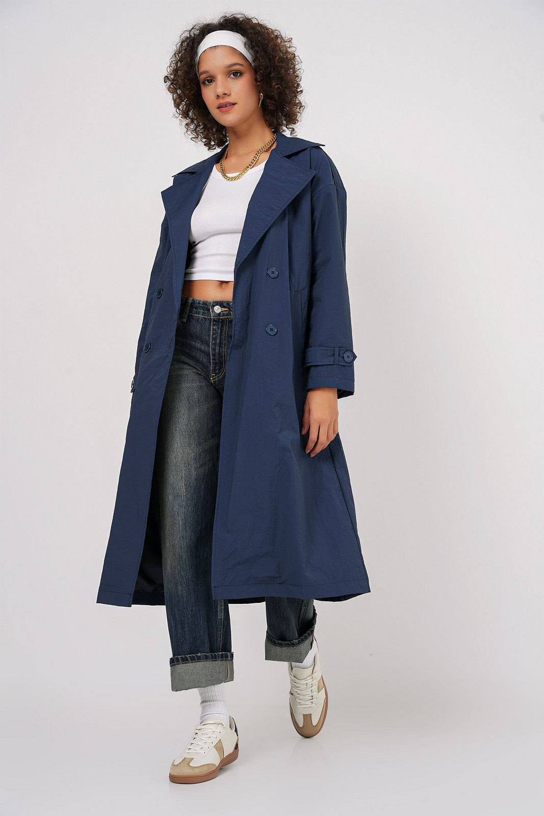 Bigdart 5936 Double Breasted Collar Trench Coat - Navy Blue