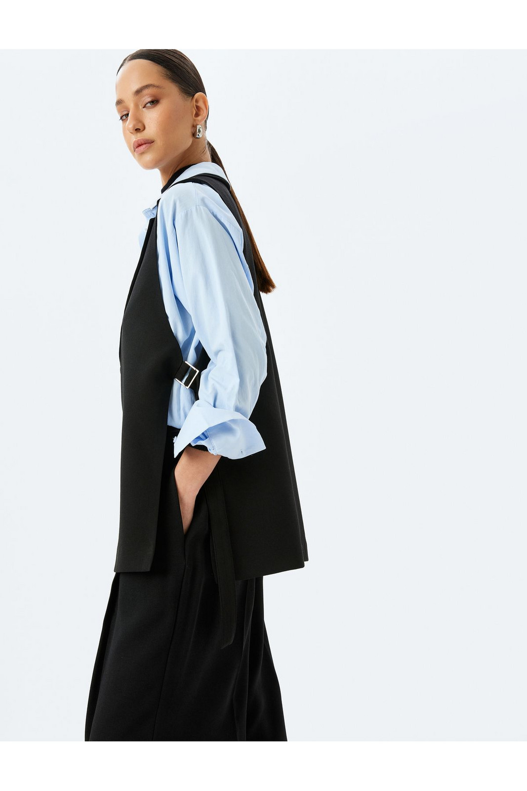 Koton Crepe Fabric Double Breasted Long Vest with Side Ties
