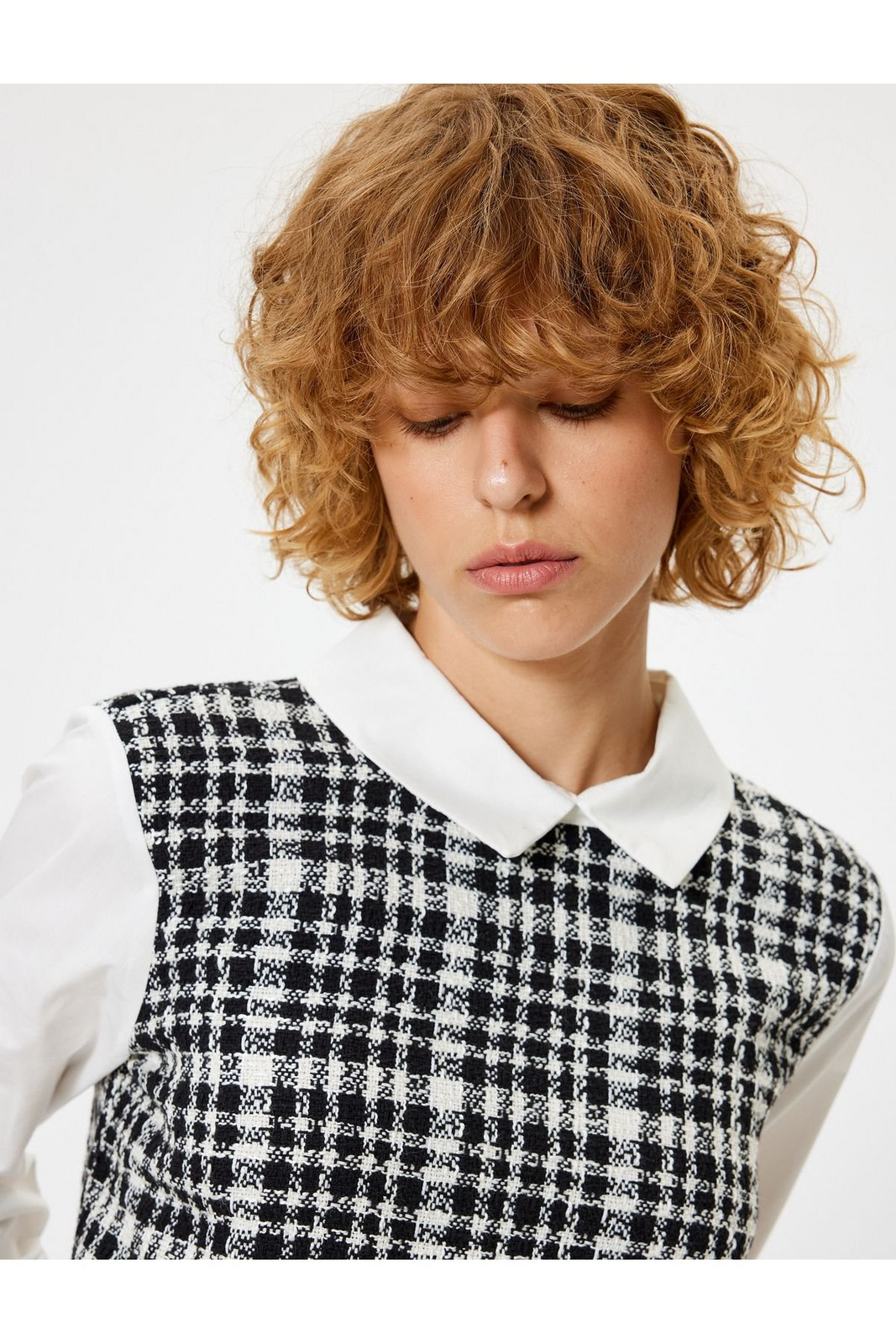 Koton Crop Blouse Shirt Collar Tweed Detail Slim Fit