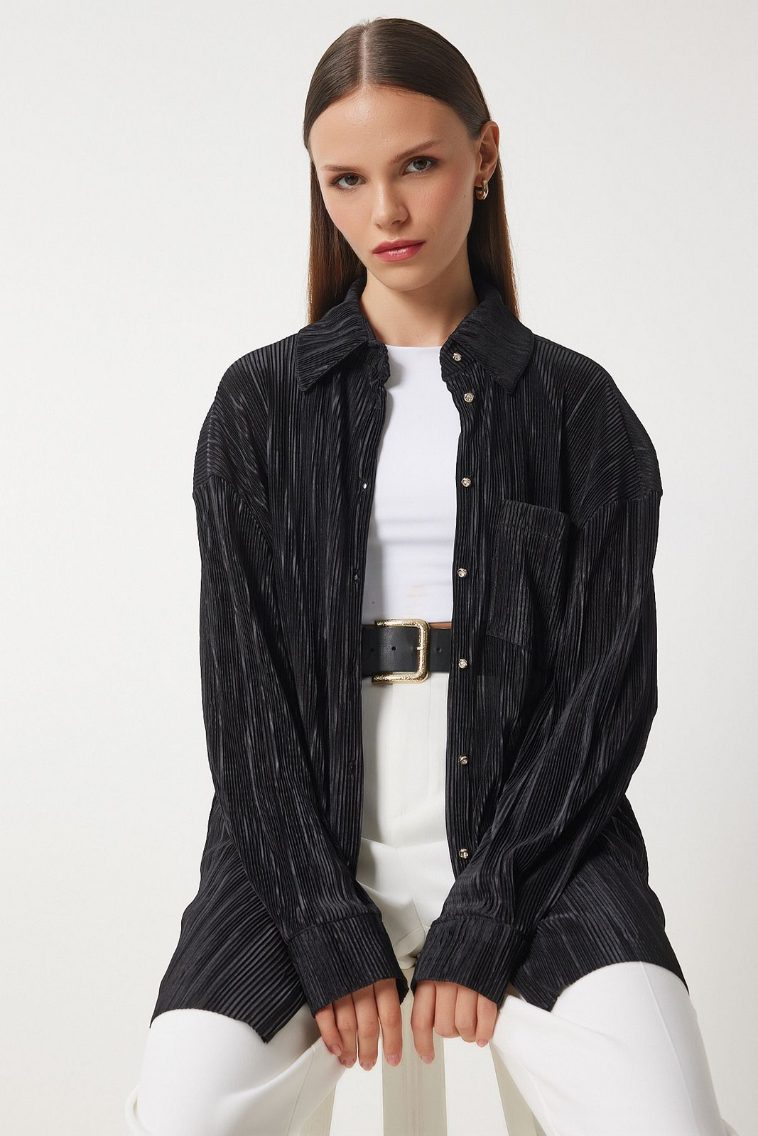 Happiness İstanbul Women's Black Pleated Oversize Long Shirt