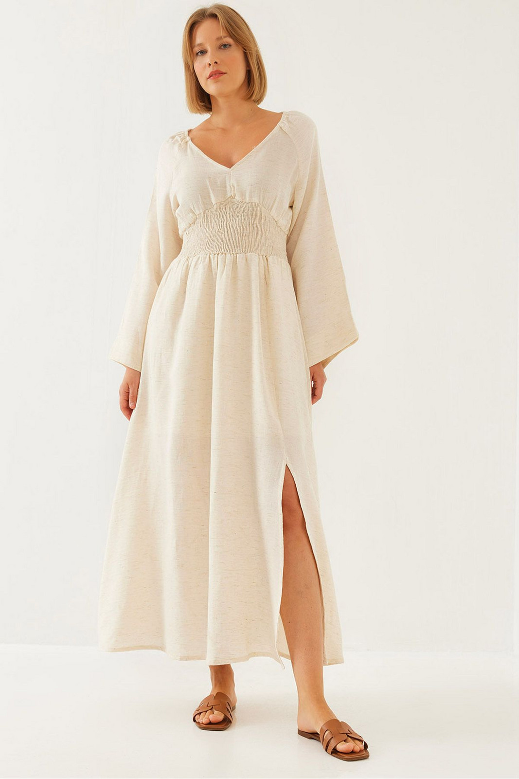 Bianco Lucci Women's V Neck Waist Gipel Flared Dress 35177