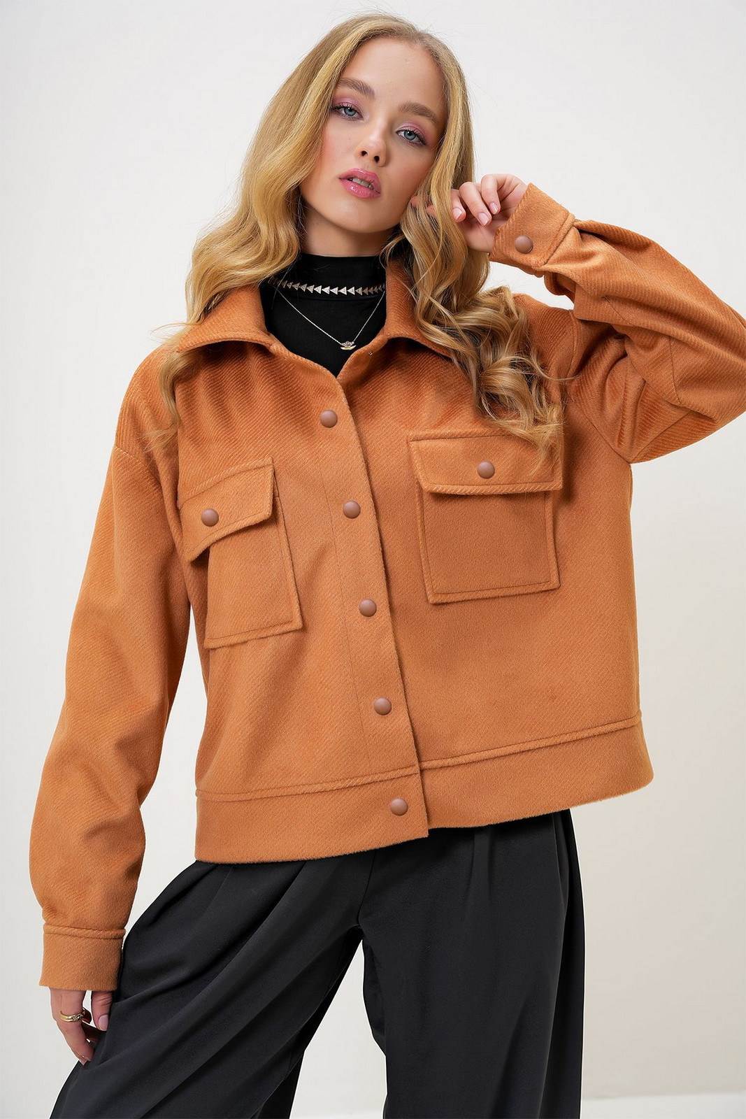 Trend Alaçatı Stili Women's Tan Lined Double Pocket Cashmere Jacket