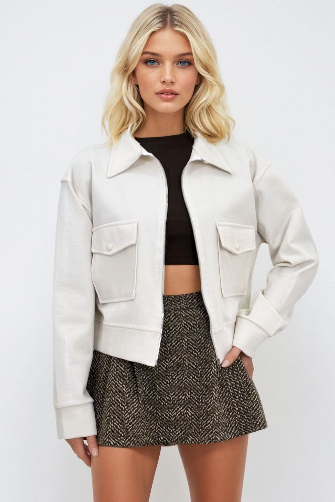 Trend Alaçatı Stili Women's Ecru Double Pocket Zipper Jacket