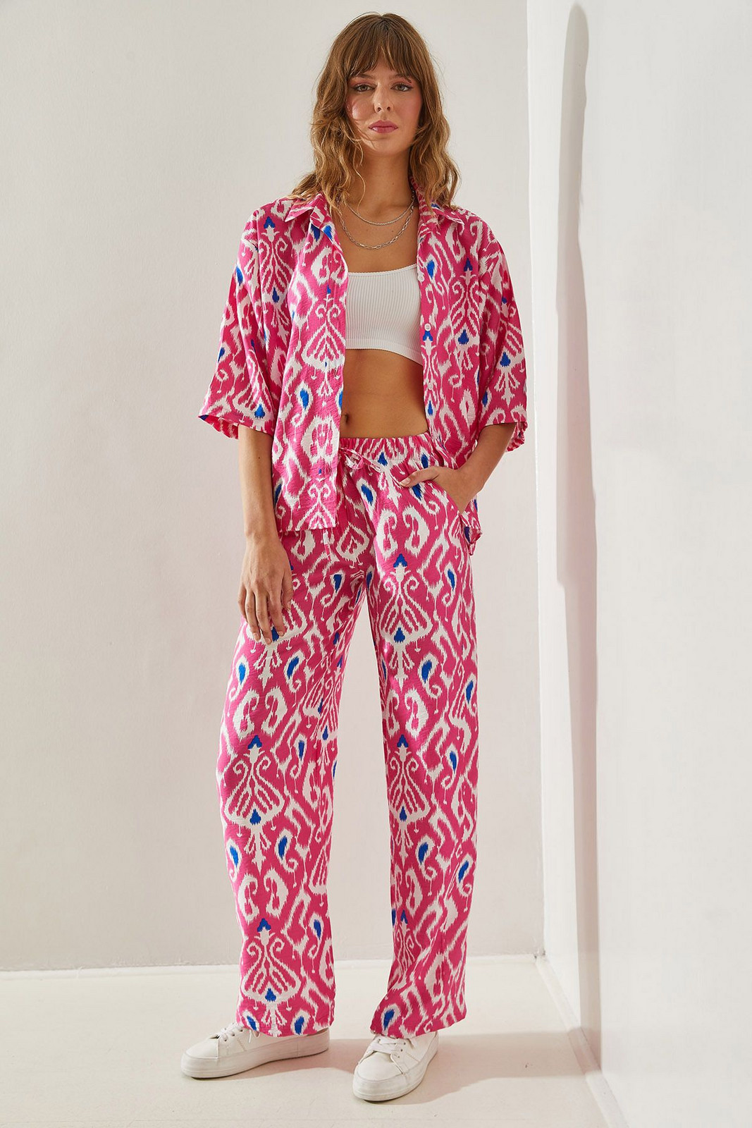 Bianco Lucci Women's Patterned Modal Printed Palazzo Trousers 5614 Bottom-Top Set