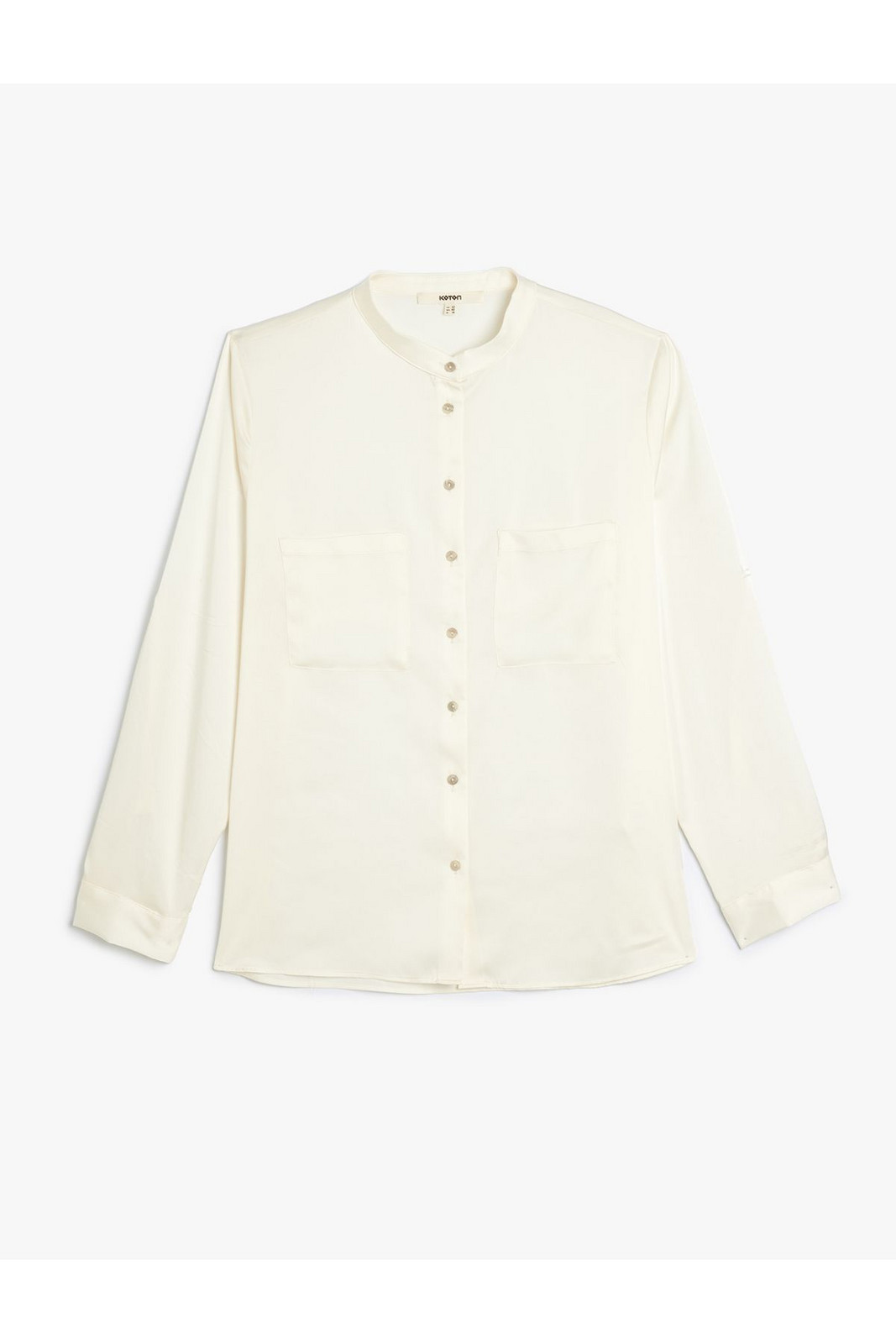 Koton Collarless Satin Shirt Long Sleeve Applique Pocket Detail
