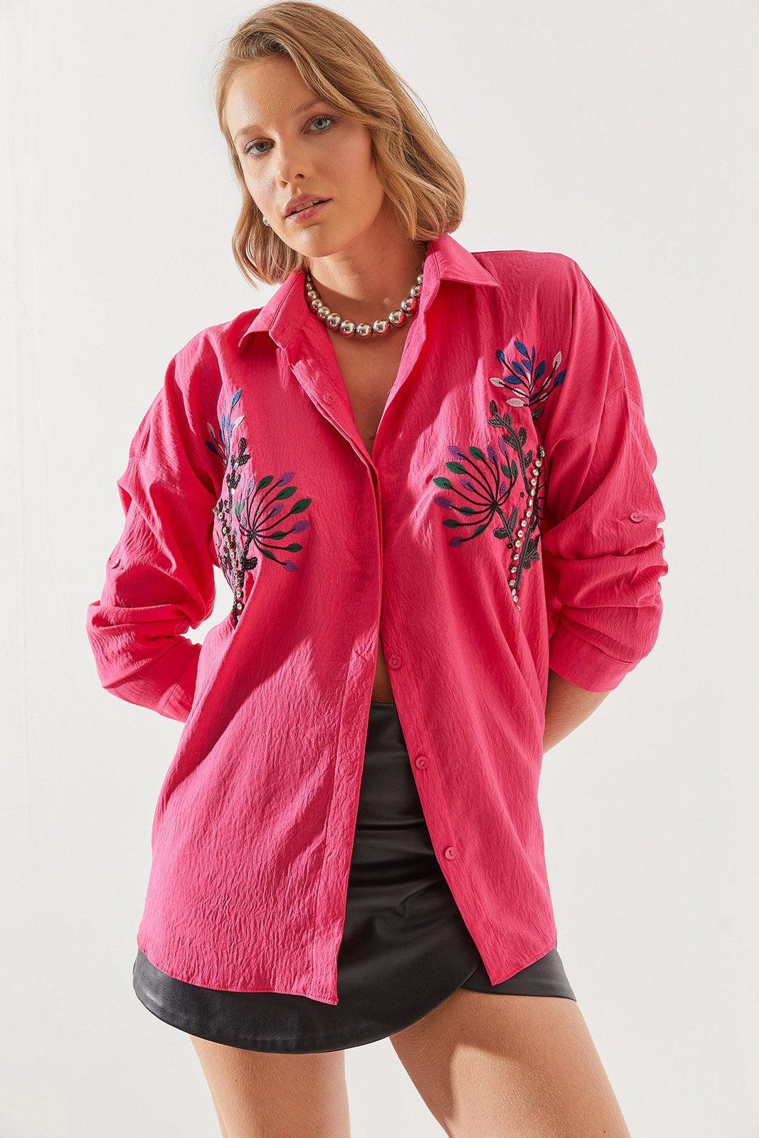 Bianco Lucci Women's Stone Leaf Embroidered Oversize Shirt 5929