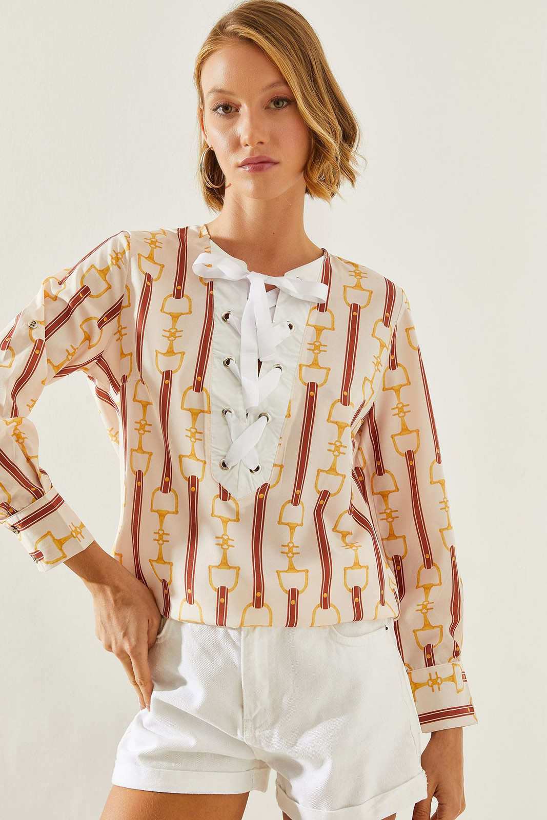 Bianco Lucci Women's Tied Collar Patterned Blouse 2266