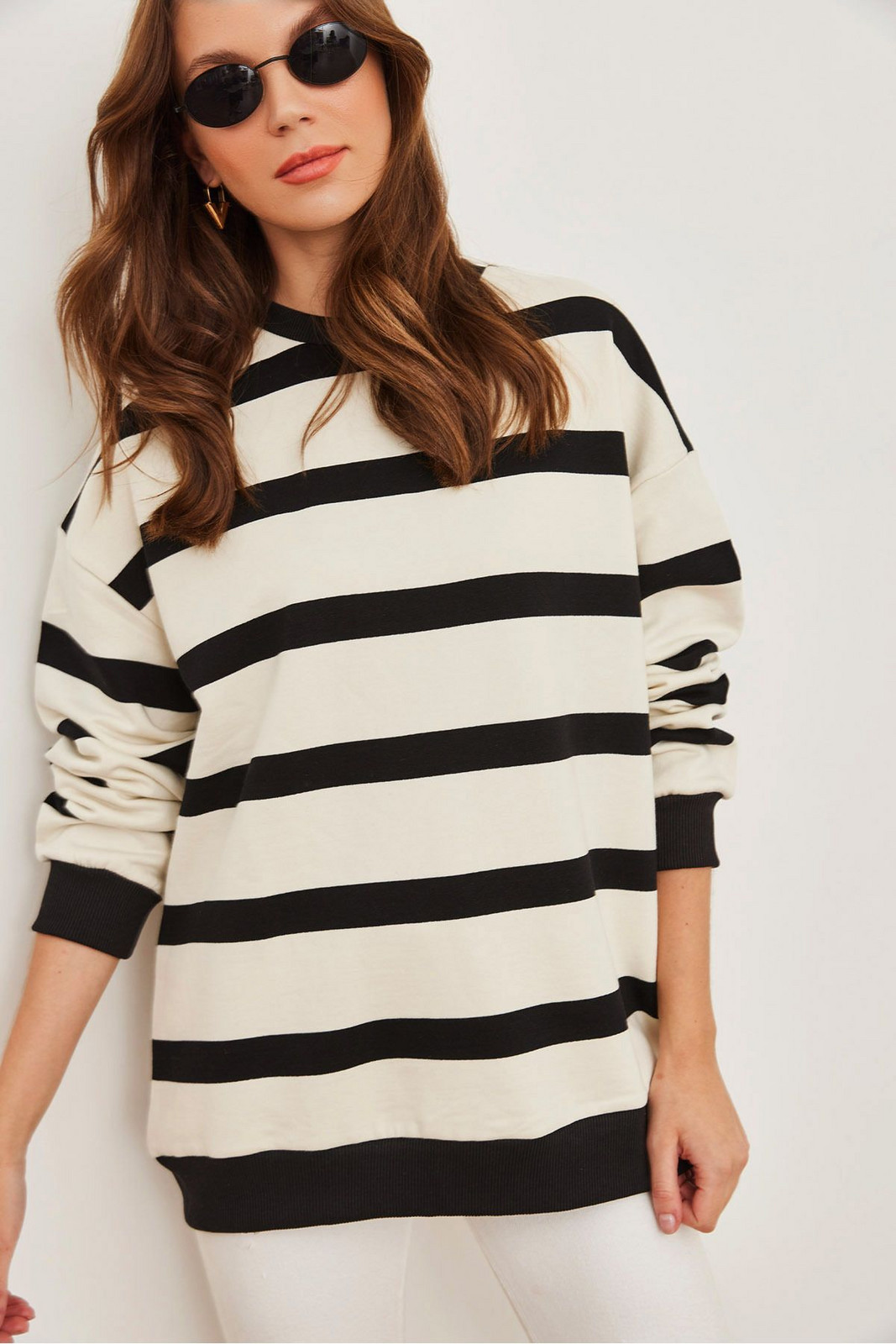 Olalook Women's Ecru Black Striped Oversize Raised Thick Sweatshirt
