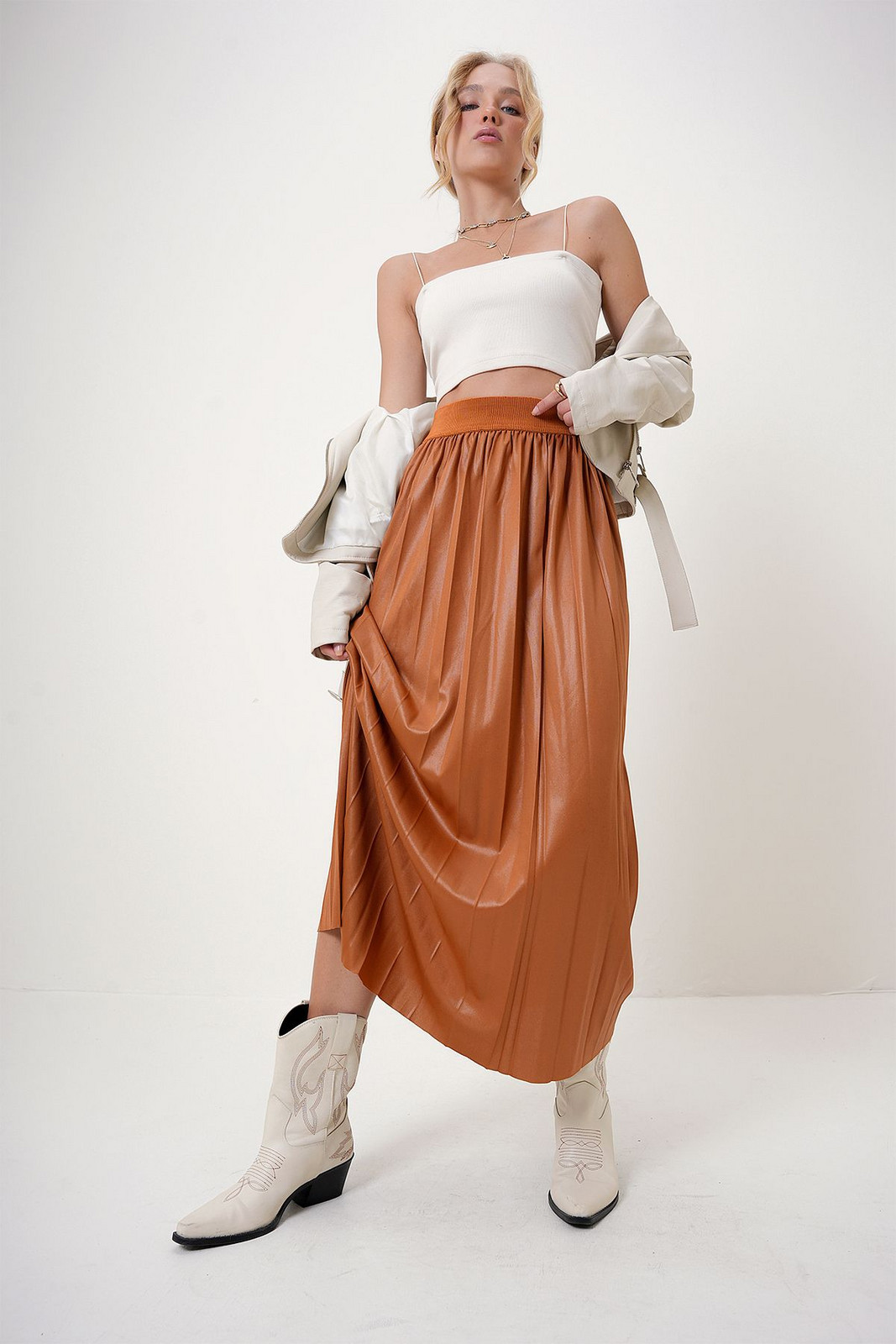 Trend Alaçatı Stili Women's Tan Elastic Waist Pleated Skirt