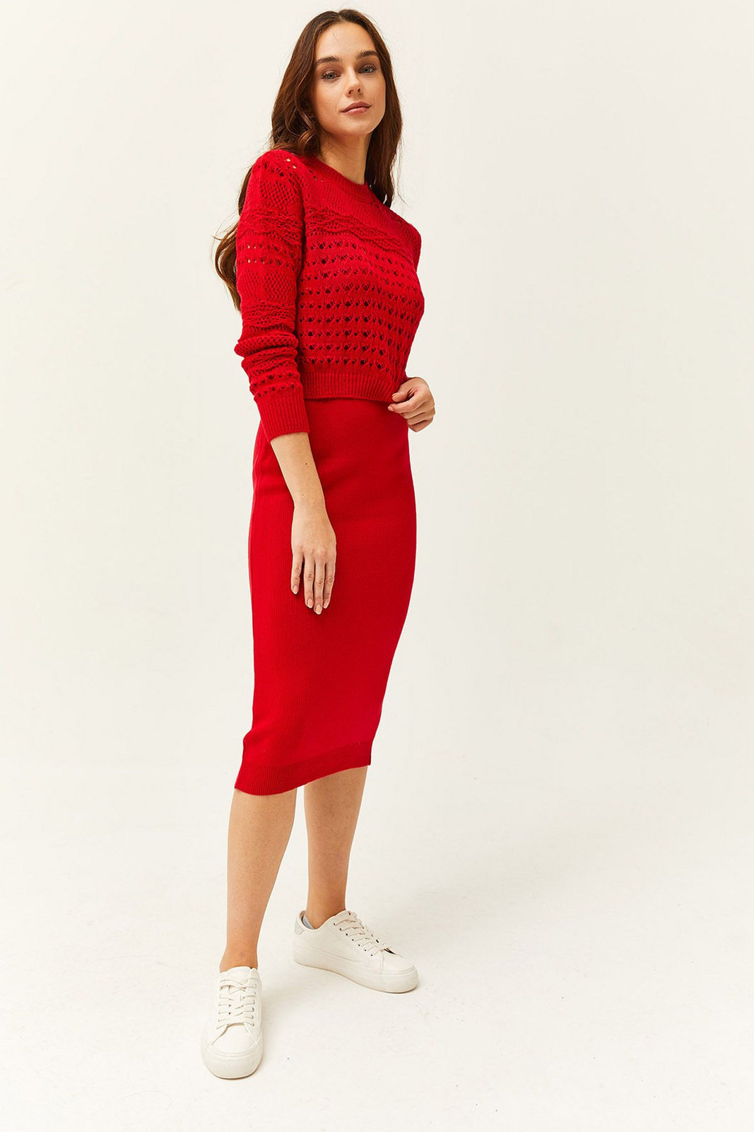 Olalook Women's Red Thin Strap Knitwear Dress Openwork Sweater Suit