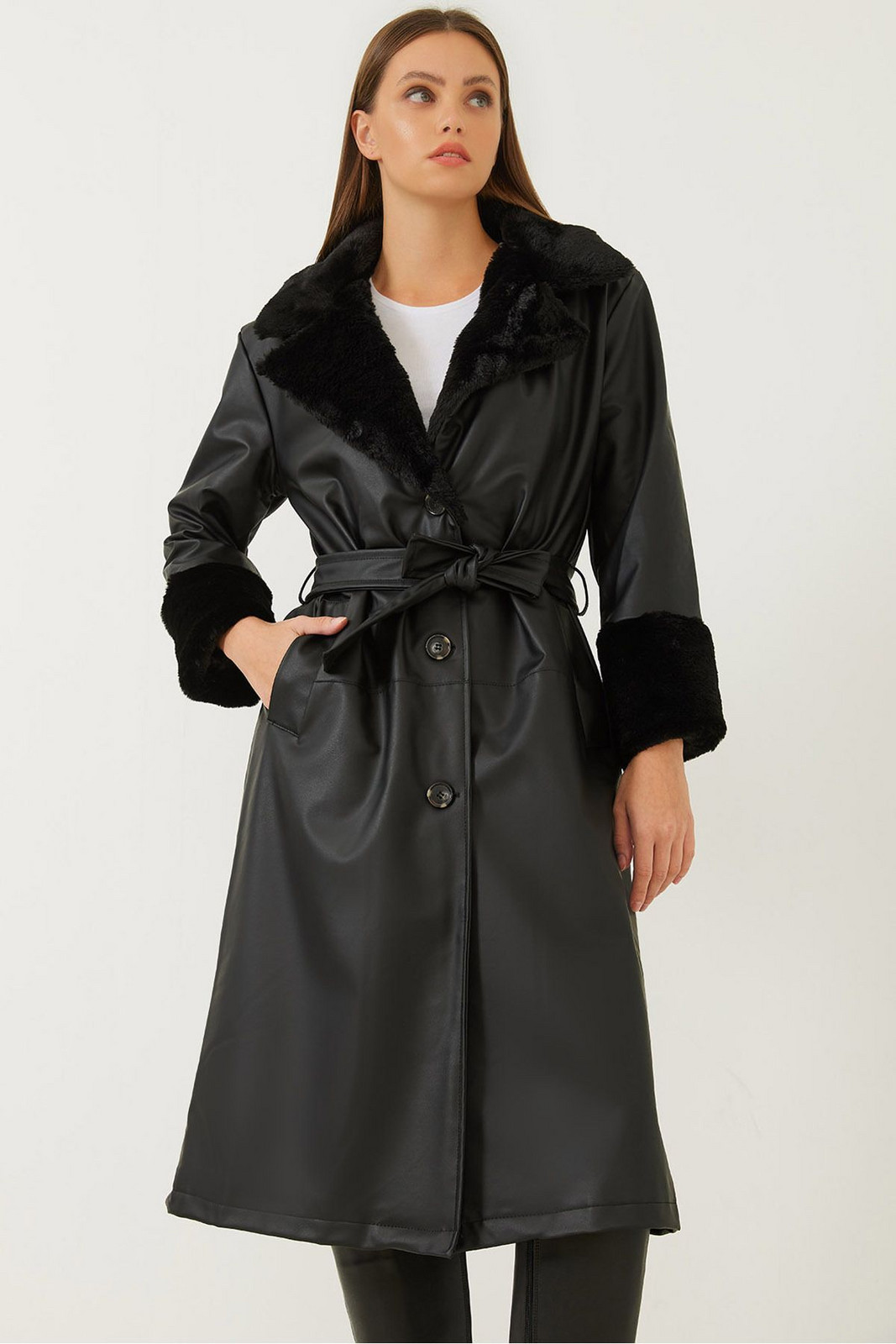 Bianco Lucci Women's Furry Leather Long Jacket 2259