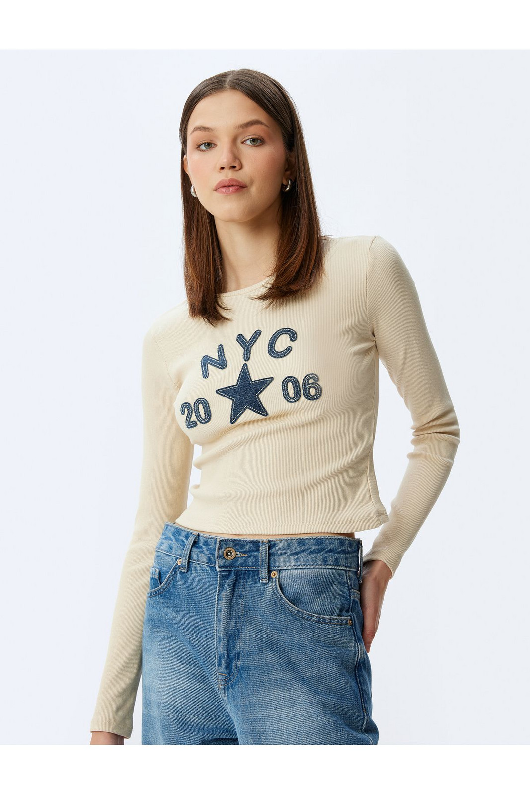 Koton College Embroidered Crew Neck Long Sleeve Cotton T-Shirt
