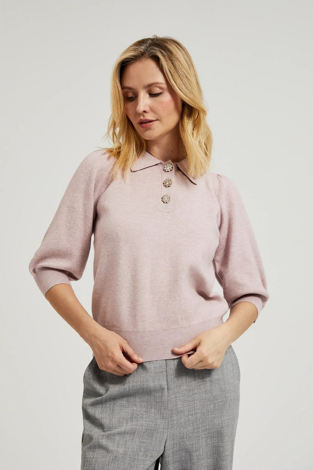 Women's sweater with 3/4 sleeves and decorative buttons MOODO - pink