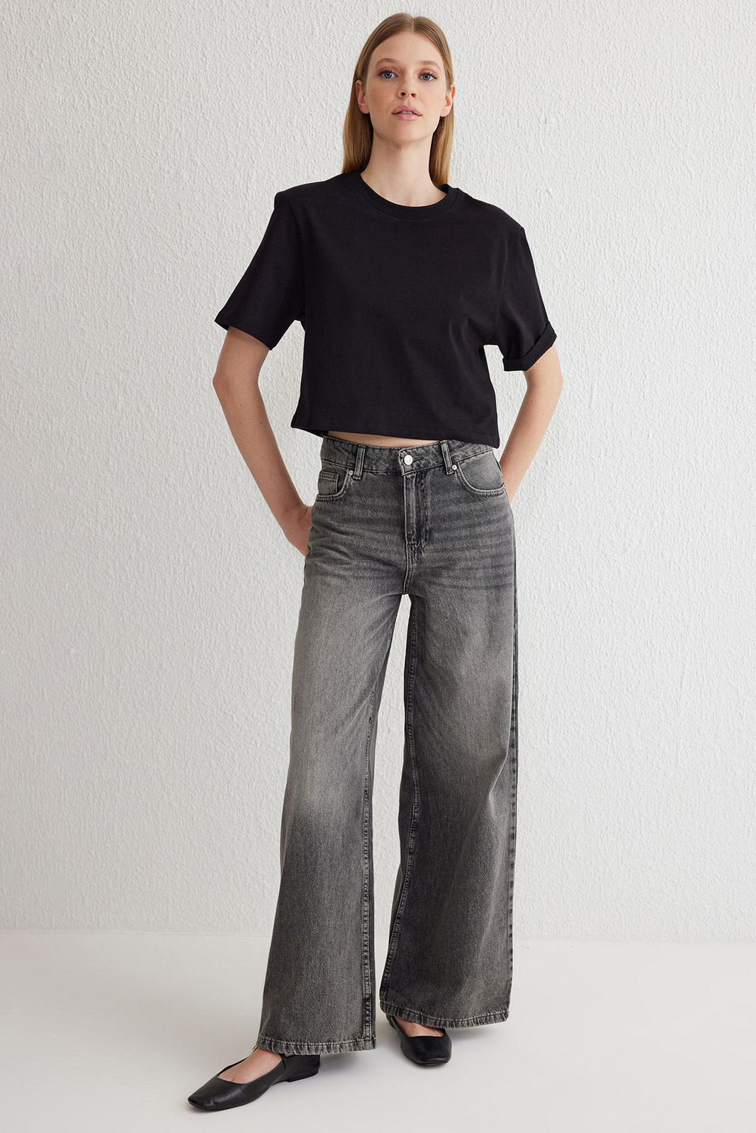 Trendyol Anthracite High Waist Loose Wide Leg Jeans