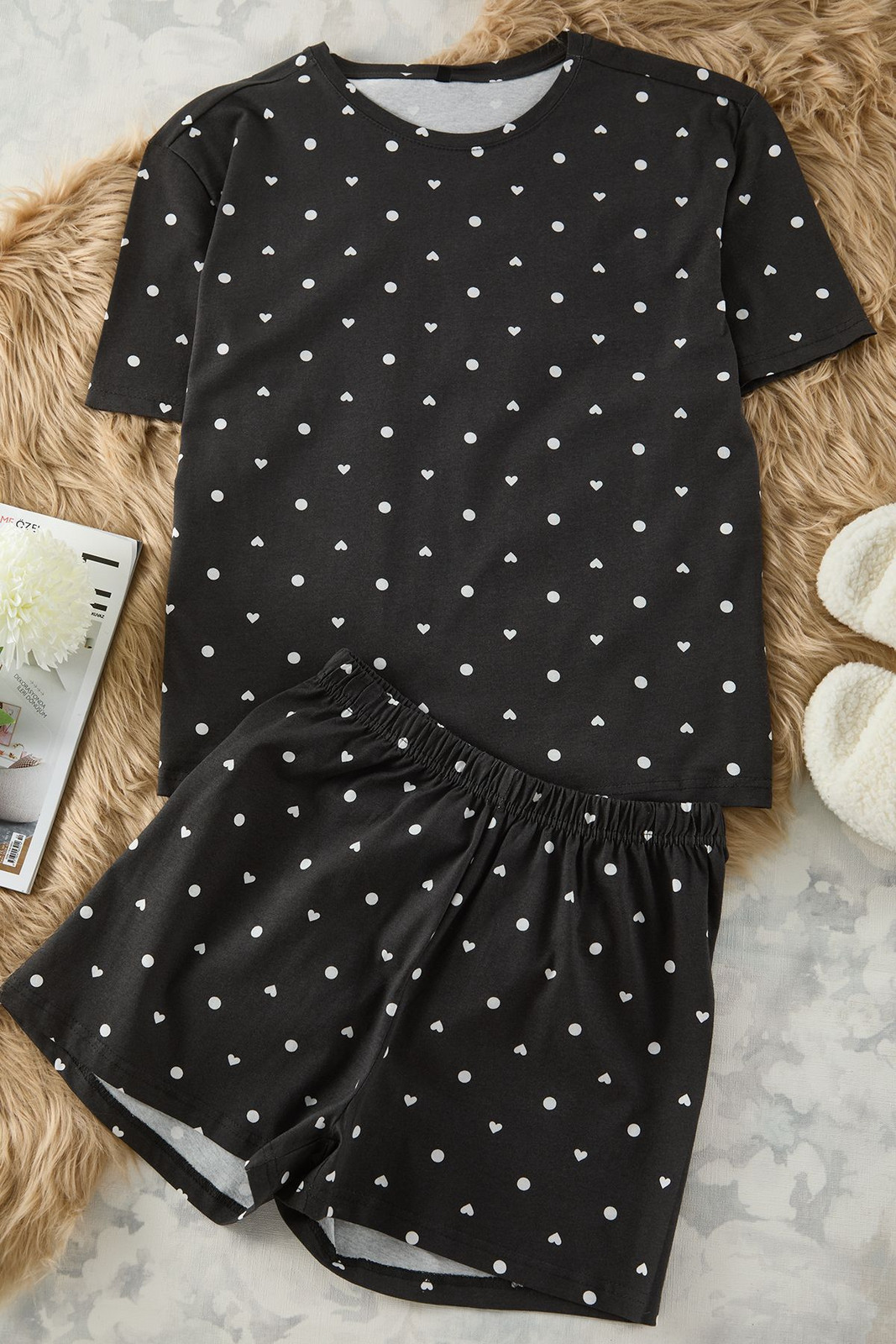Trendyol Anthracite 100% Cotton Polka Dot and Heart Knitted Pajama Set