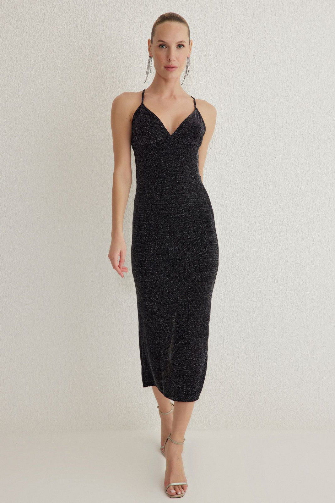 Trendyol Anthracite Body-Fitting Glitter Silvery Knitted Lined Stylish Dress