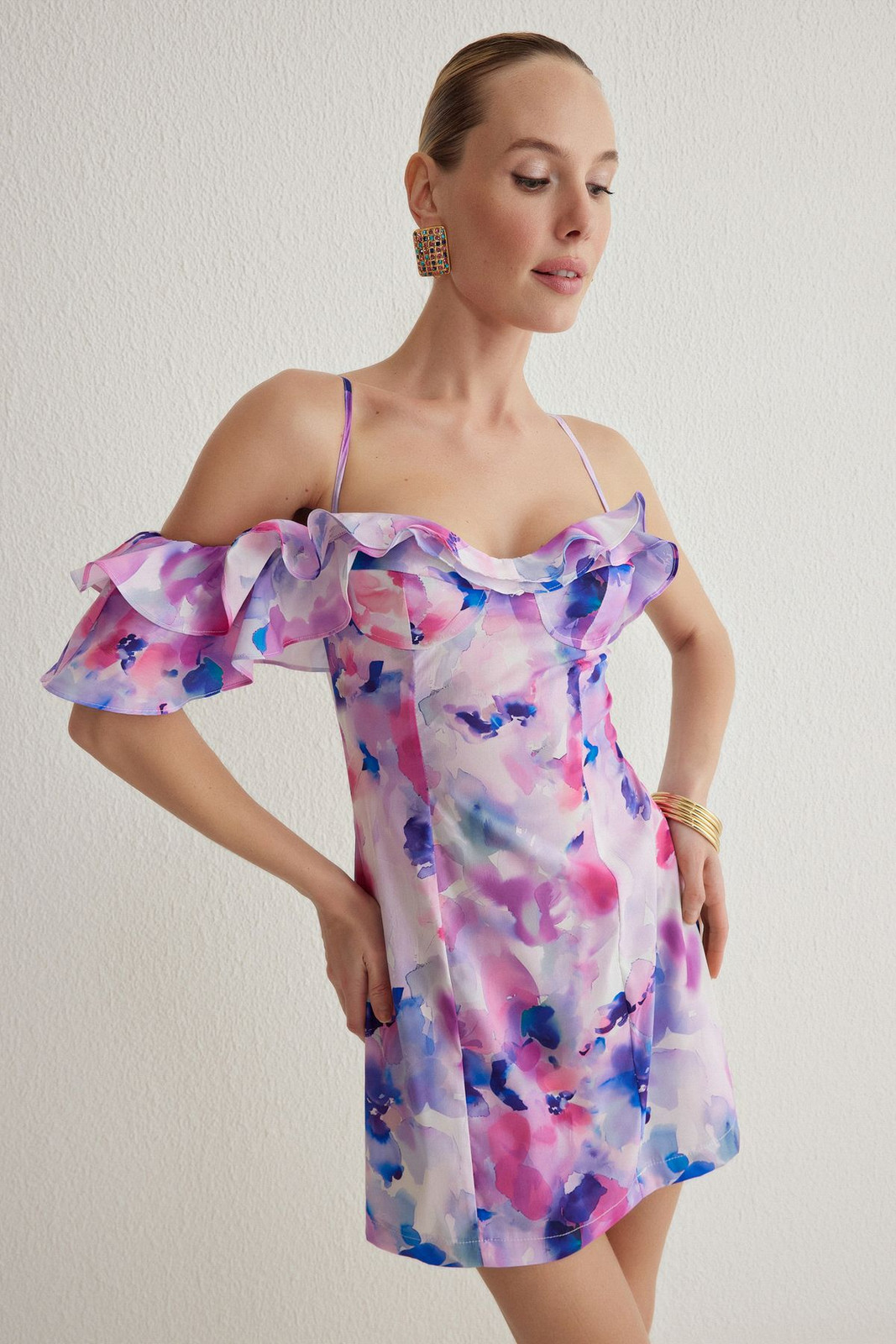 Trendyol Multicolored Bodycon Frilled Floral Patterned Woven Short Elegant Dress