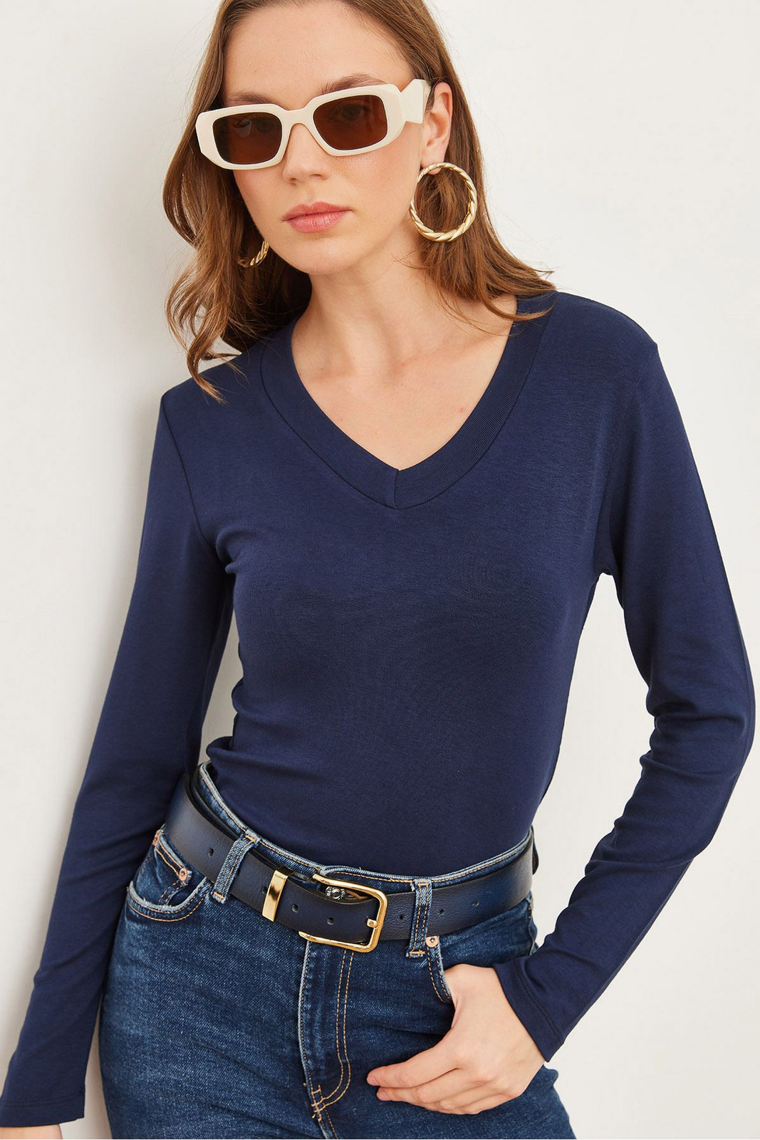 Olalook Women's Navy Blue V-Neck Flowy Soft Touch Blouse