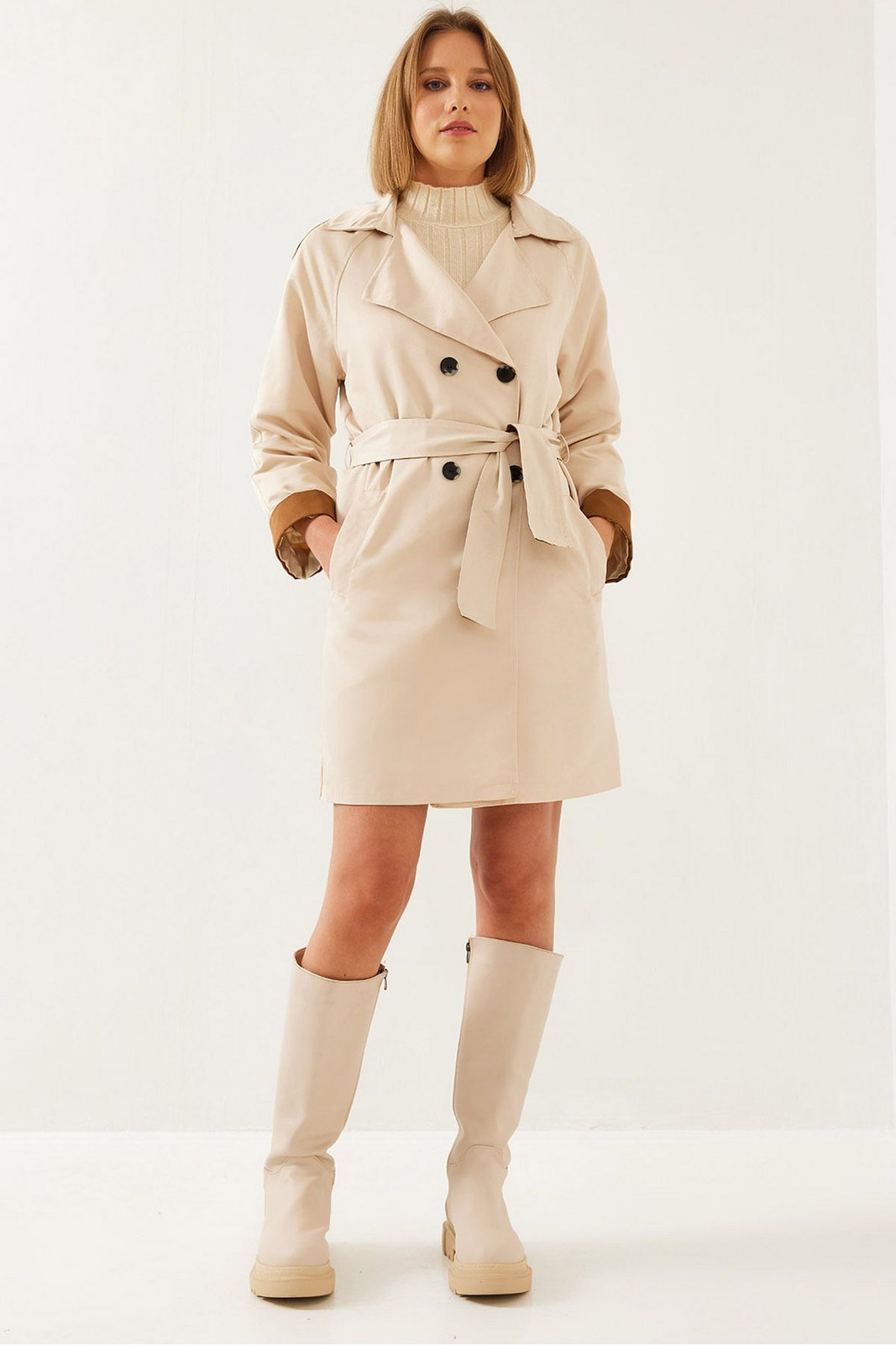 Bianco Lucci Women's Sleeve Garni Detailed Belted Trench Coat 2447