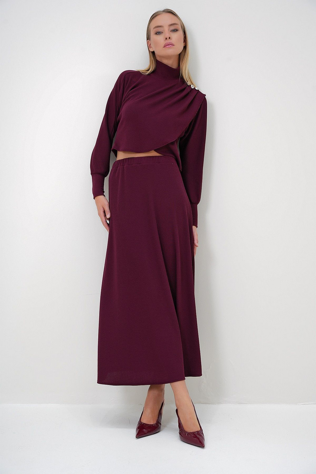 Trend Alaçatı Stili Women's Claret Red Bottom-Top Set