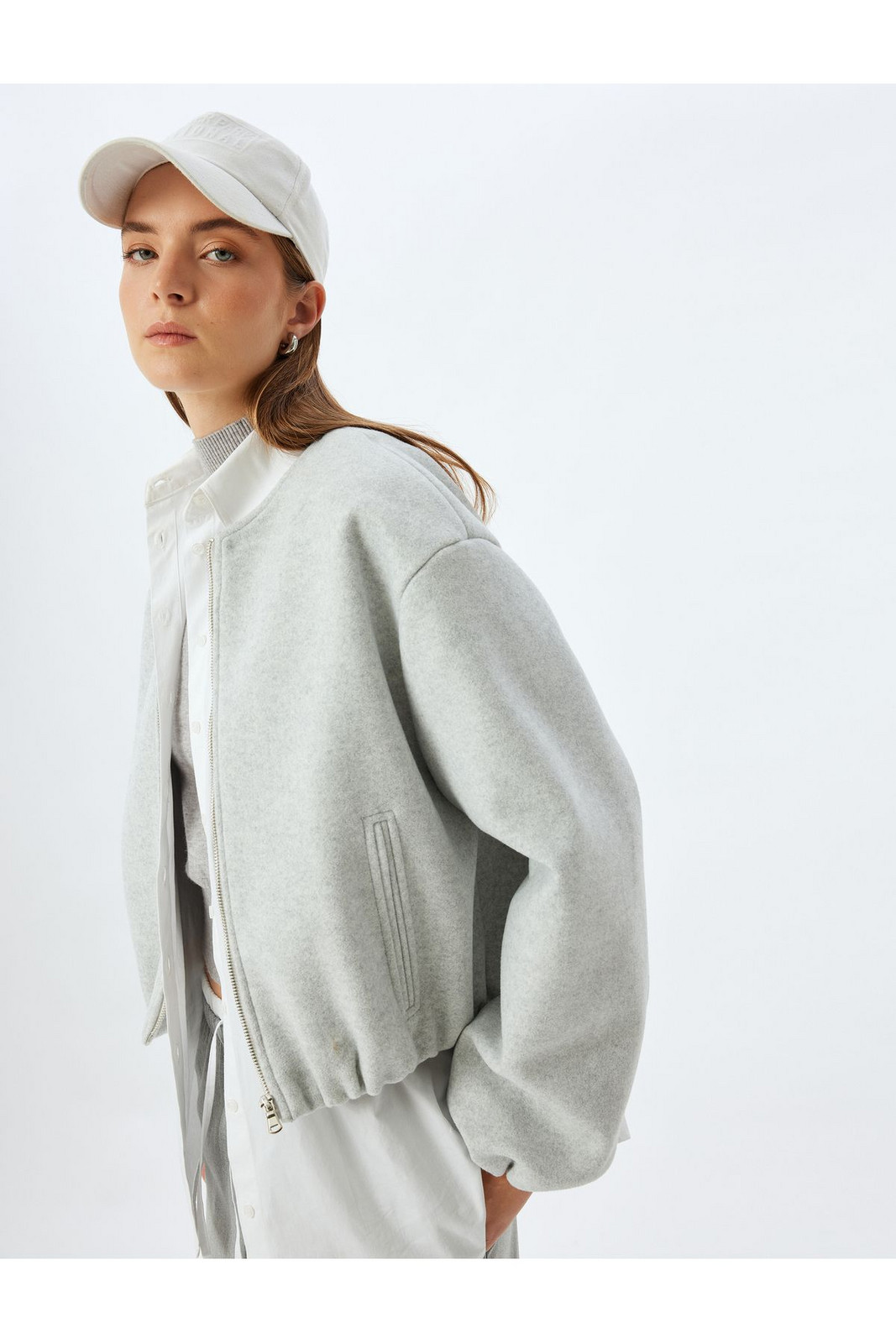 Koton Crop Bomber Jacket Soft Texture Round Neck Pocket Lined