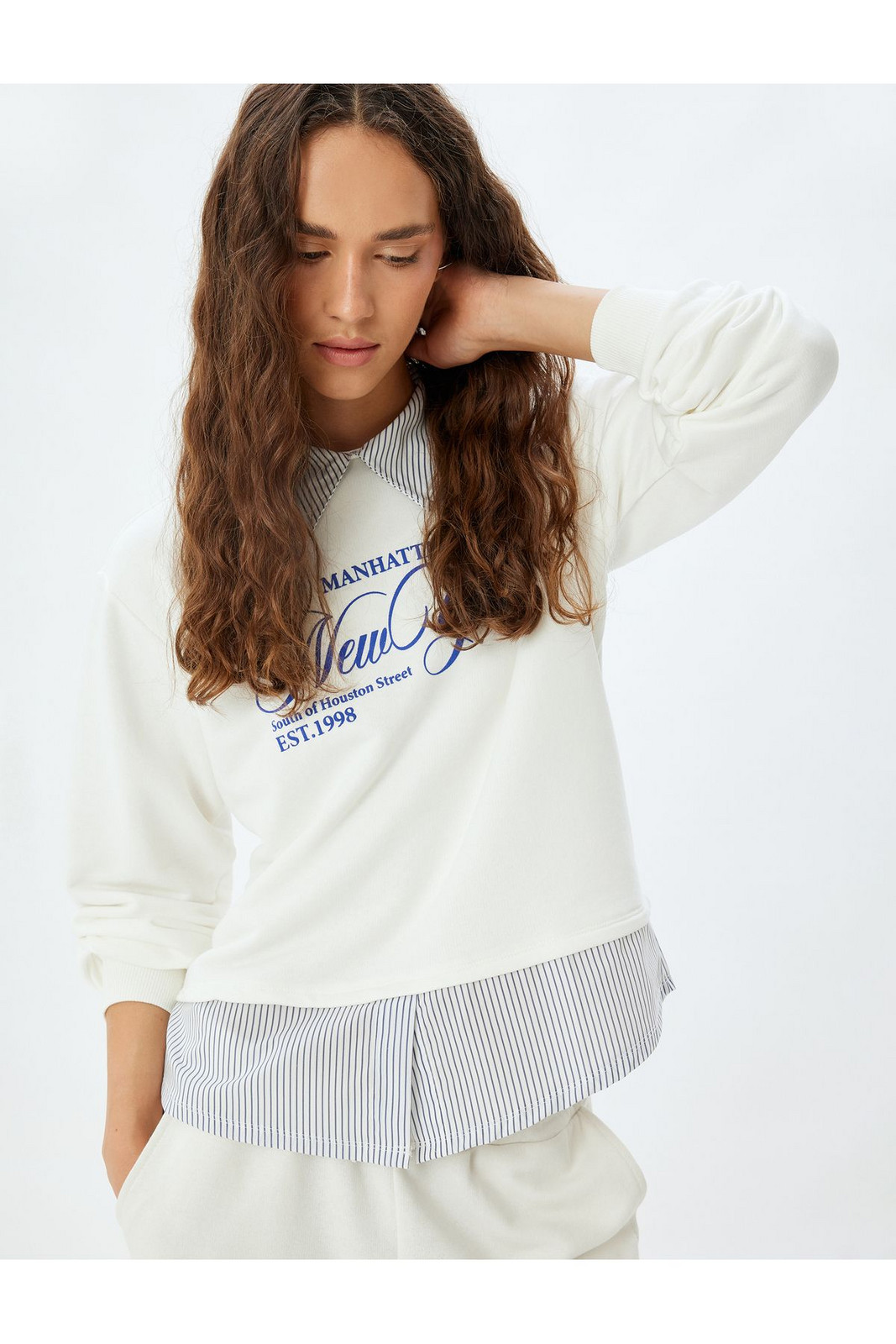 Koton College Printed Shirt Collar Oversize Sweatshirt