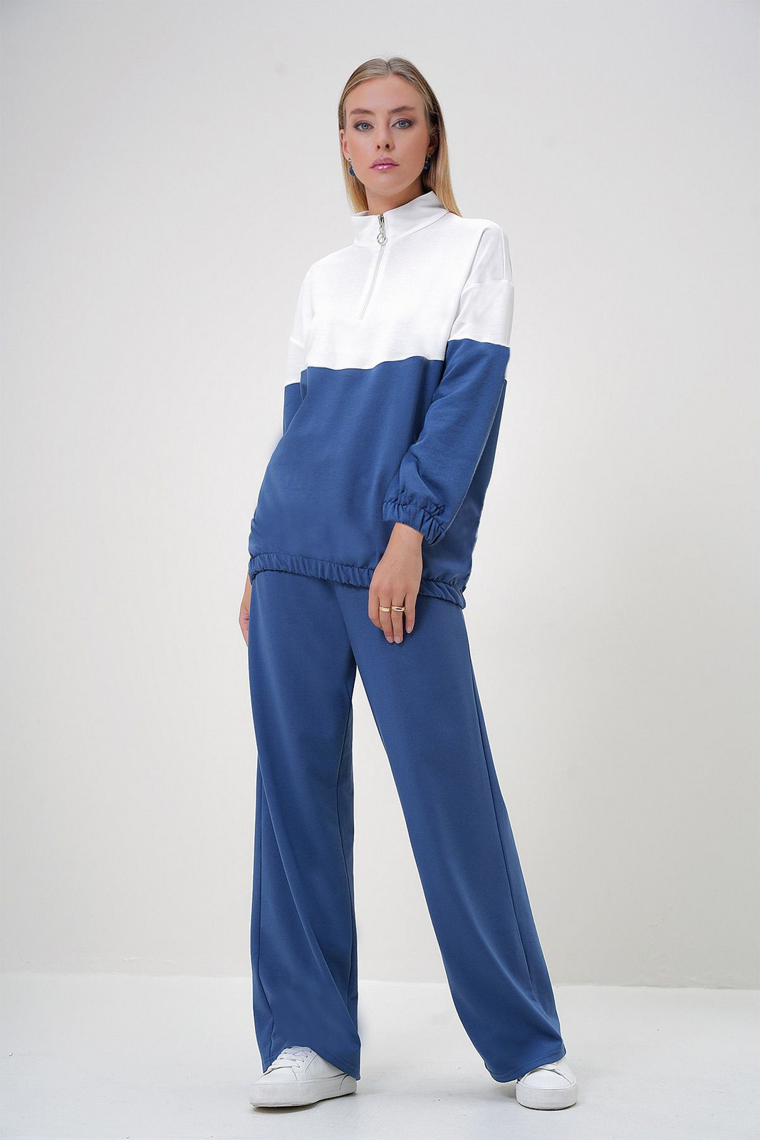 Trend Alaçatı Stili Women's Indigo Stand Collar Zippered Color Block Two Thread Top-Bottom Set