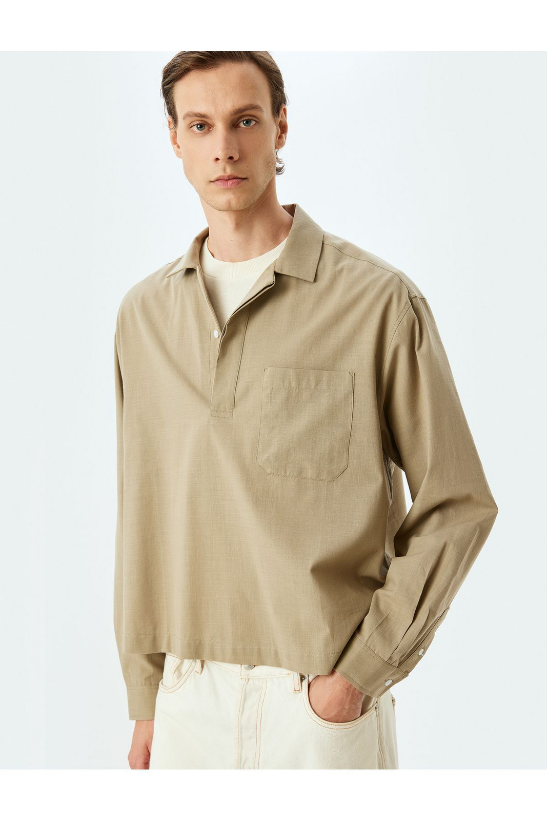 Koton Cotton Pocket Detailed Long Sleeve Half Button Shirt