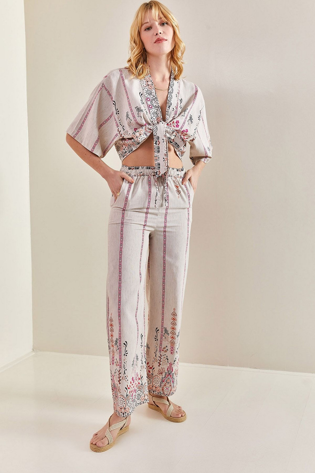 Bianco Lucci Women's Multi-patterned Linen Top and Bottom Set with Tie Front.