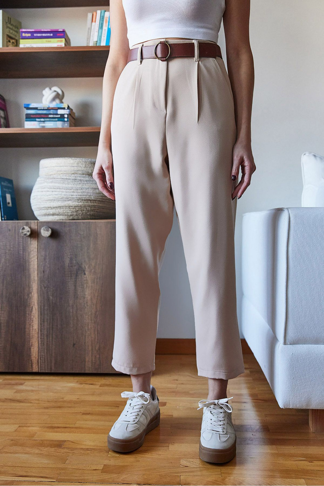 Bianco Lucci Women's Skinny Leg Pleated Belted Seasonal Fabric Trousers 2398
