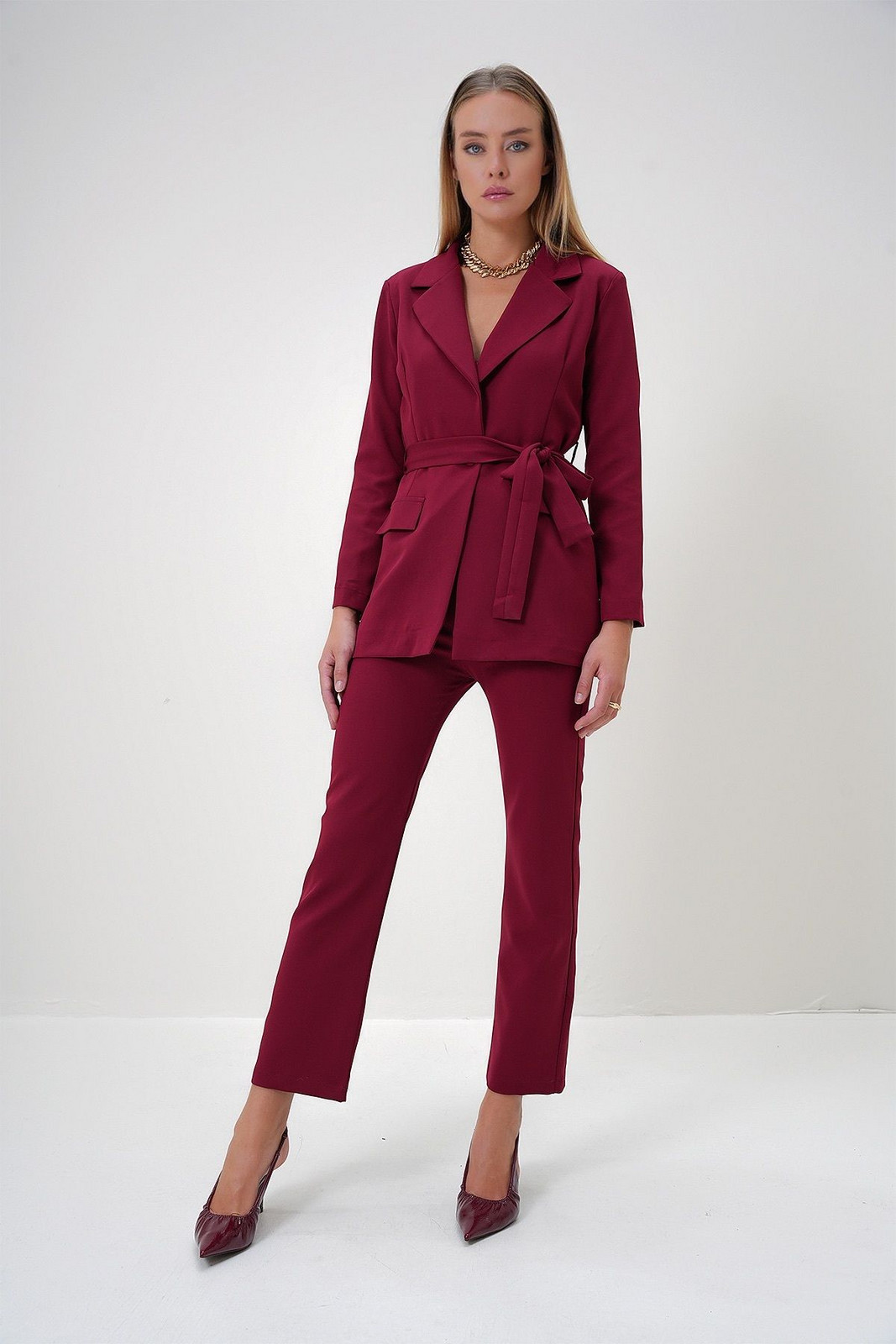 Trend Alaçatı Stili Women's Burgundy Lined Blazer Jacket and Trousers Top and Bottom Set
