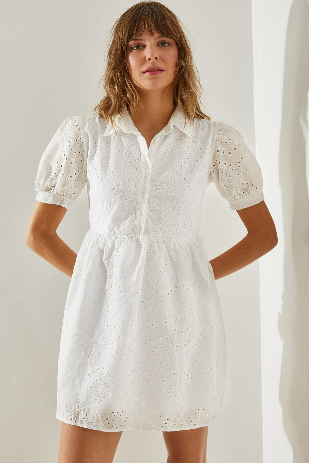 Bianco Lucci Women's Patterned Shirt Collar Scalloped Dress
