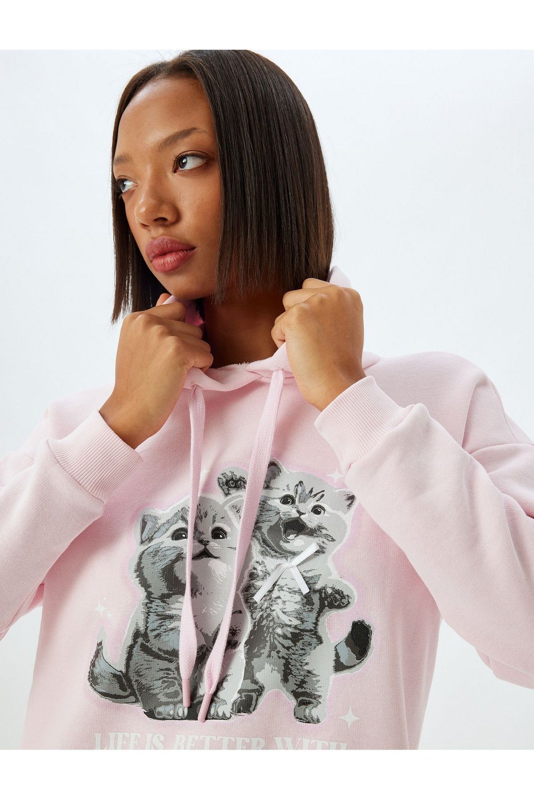 Koton Cat Printed Sweatshirt Hooded Raised Comfortable Fit
