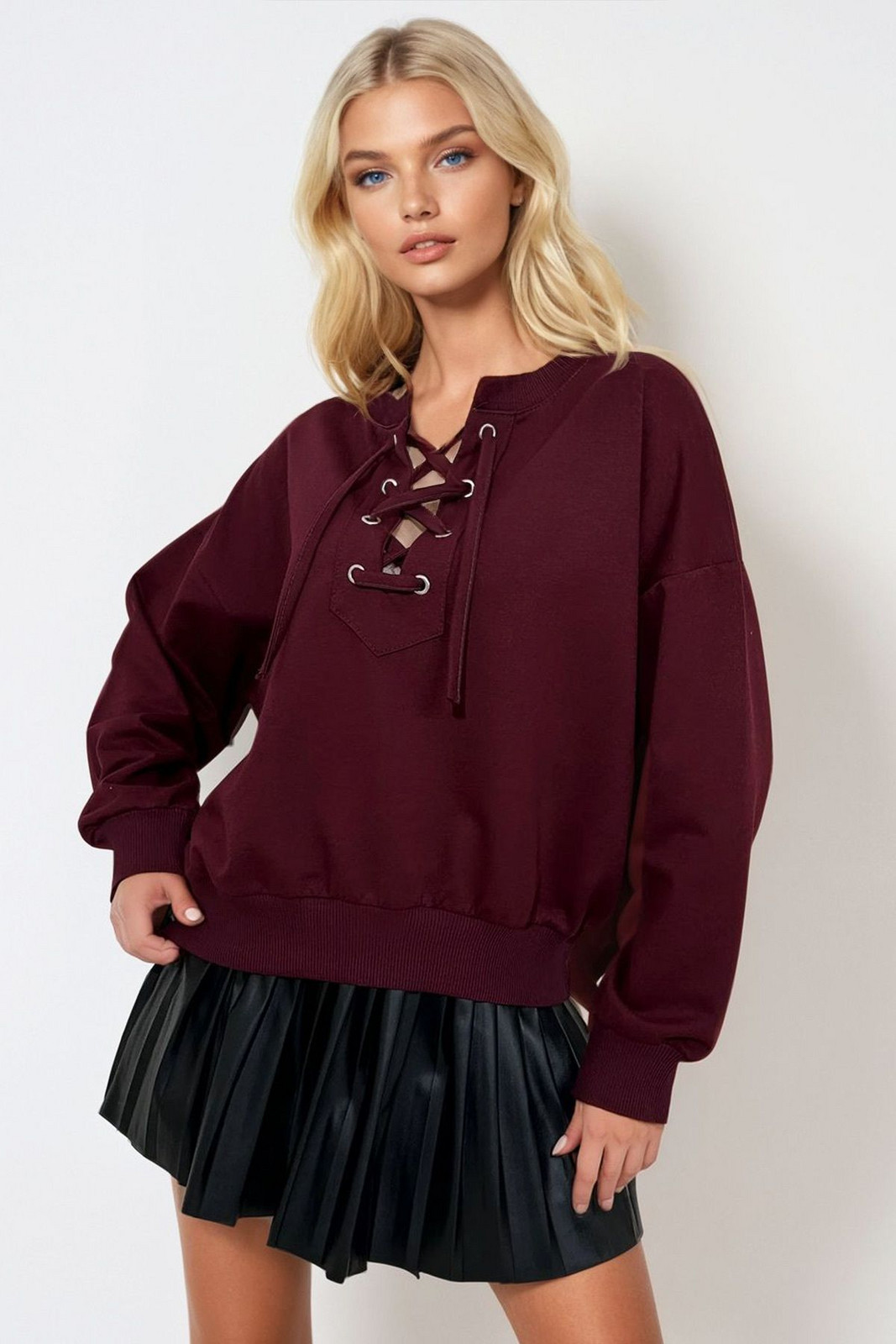 Trend Alaçatı Stili Women's Burgundy Lace-Up Front Oversize Sweatshirt