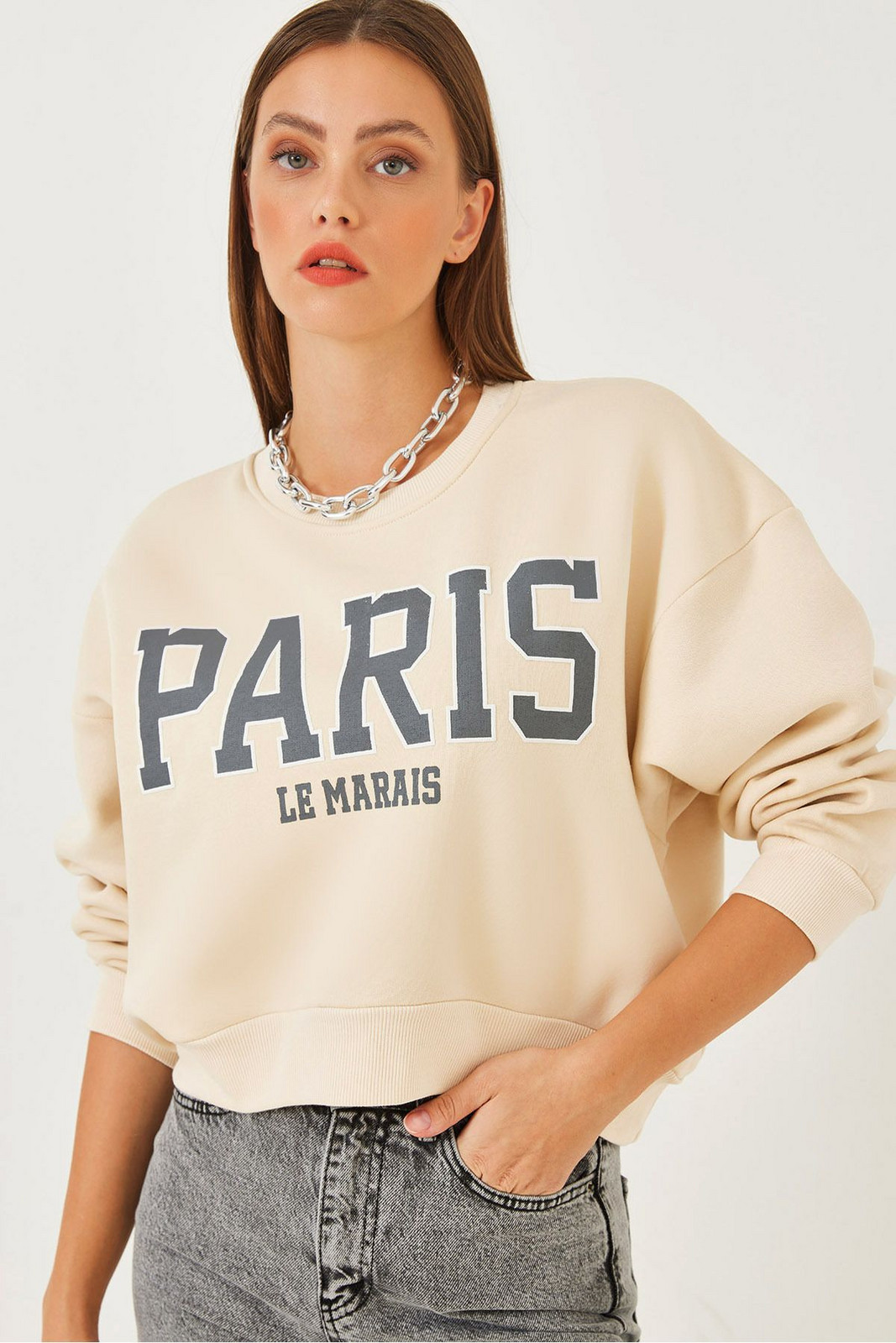 Bianco Lucci Women's Paris Printed Three Thread Raised Sweatshirt