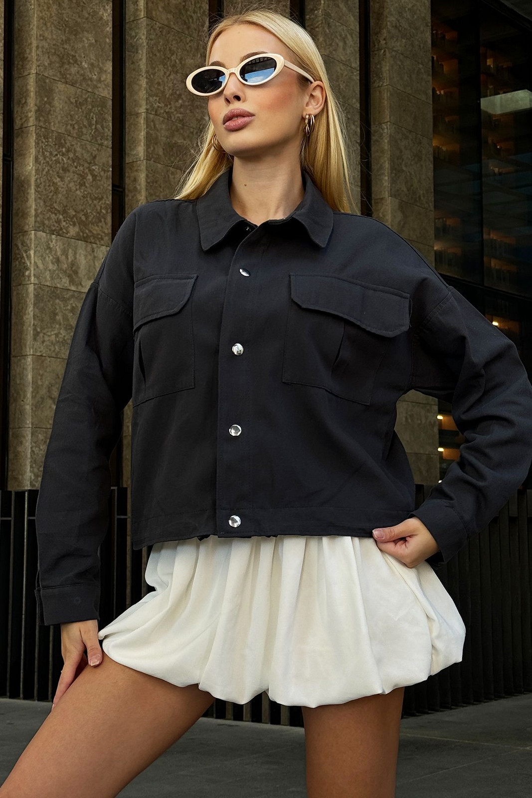 Trend Alaçatı Stili Women's Anthracite Snap Closure Waist Adjustable Double Pocket Gabardine Jacket