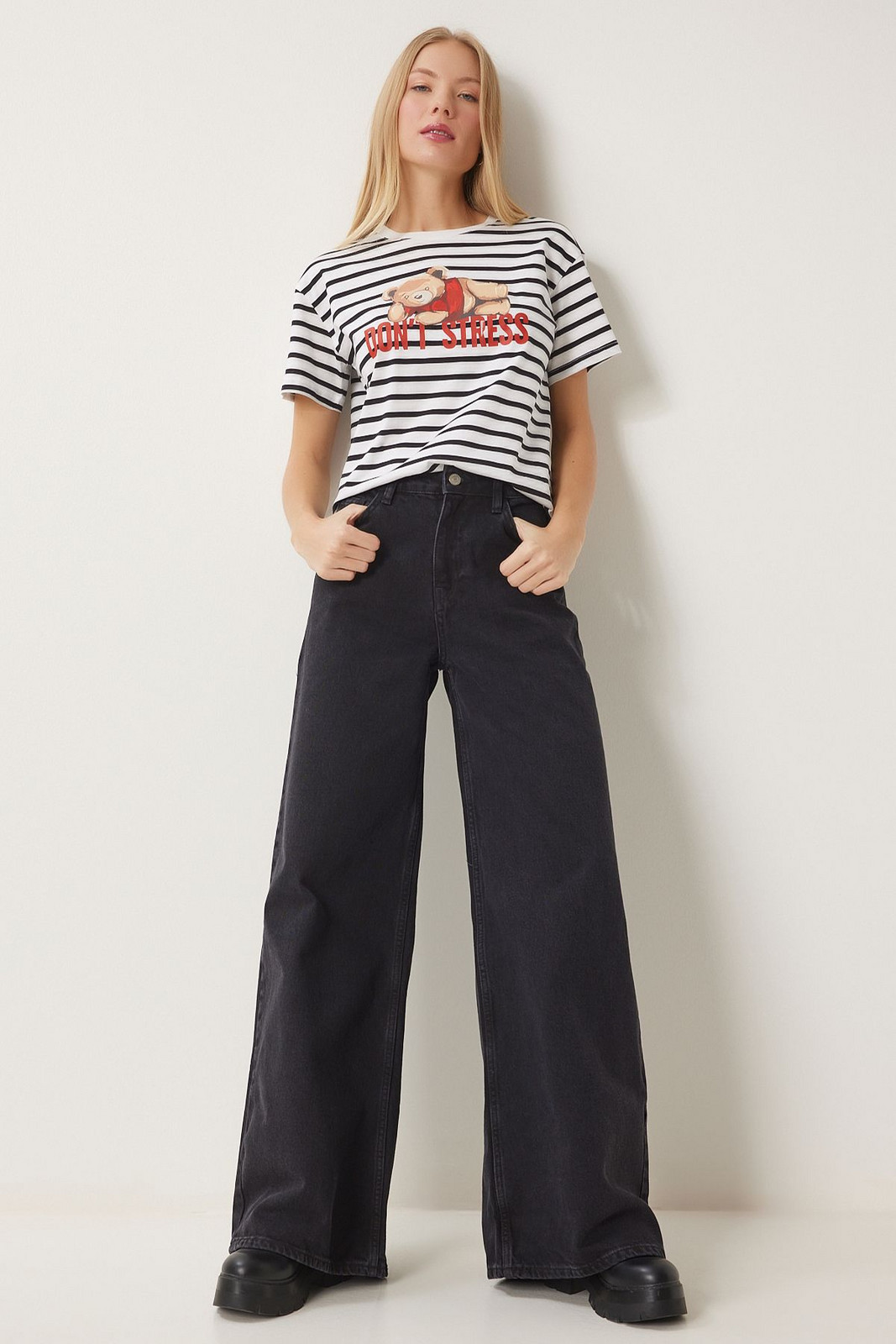 Happiness İstanbul Women's Black Mid Waist Wide Leg Jeans