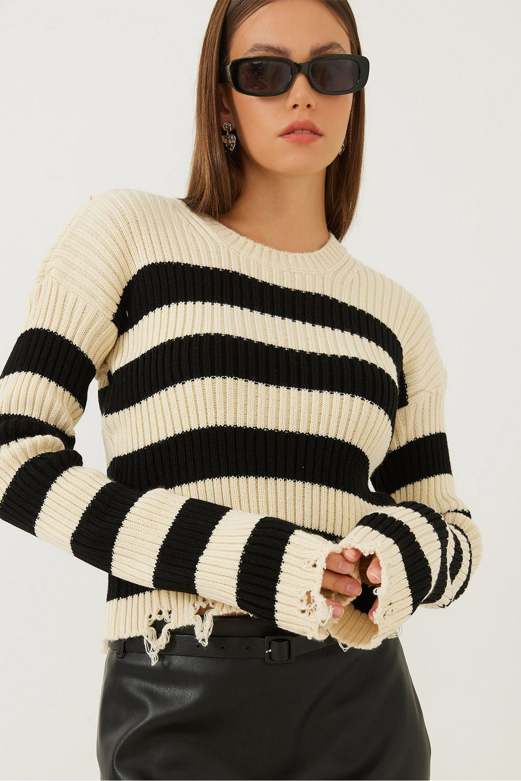 Bianco Lucci Women's Ripped Detail Striped Sweater