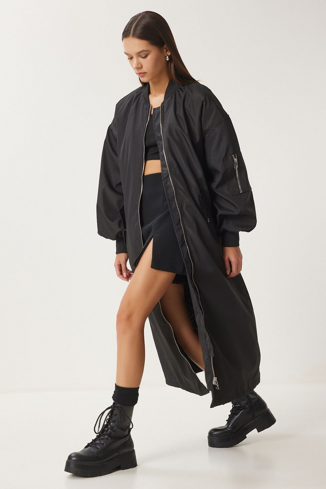 Happiness İstanbul Women's Black Oversize Zippered Long Woven Trench Coat