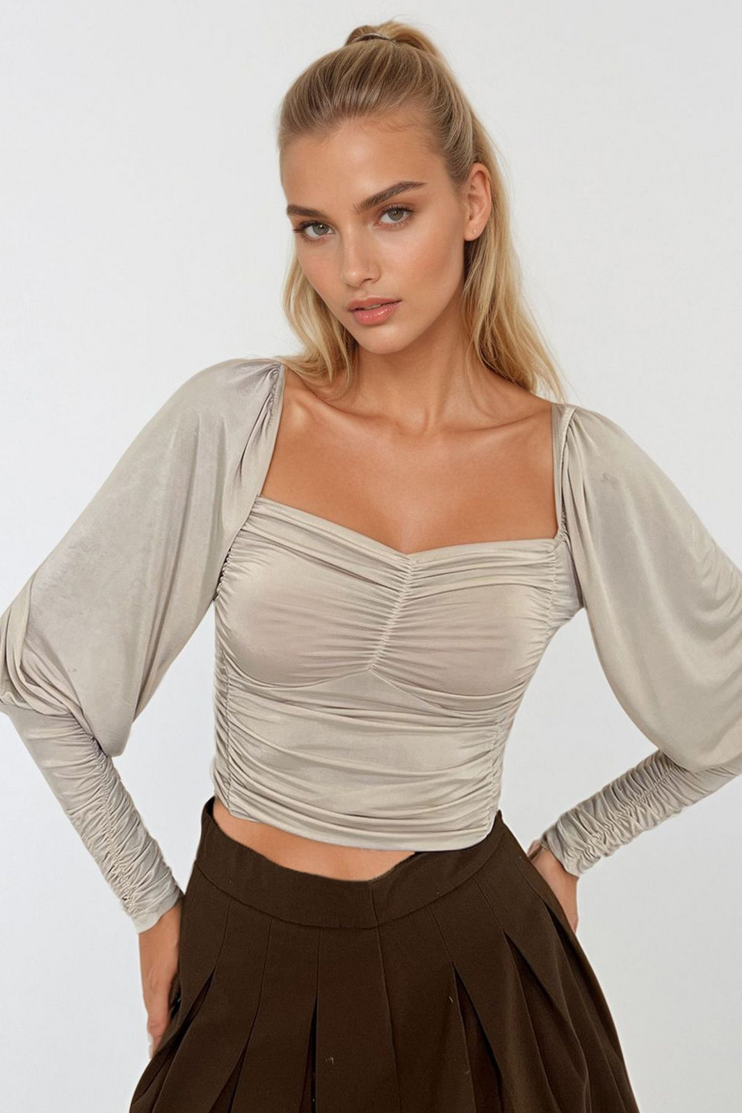 Trend Alaçatı Stili Women's Stone Kiss Collar Princess Sleeve Front Draped Sandy Blouse